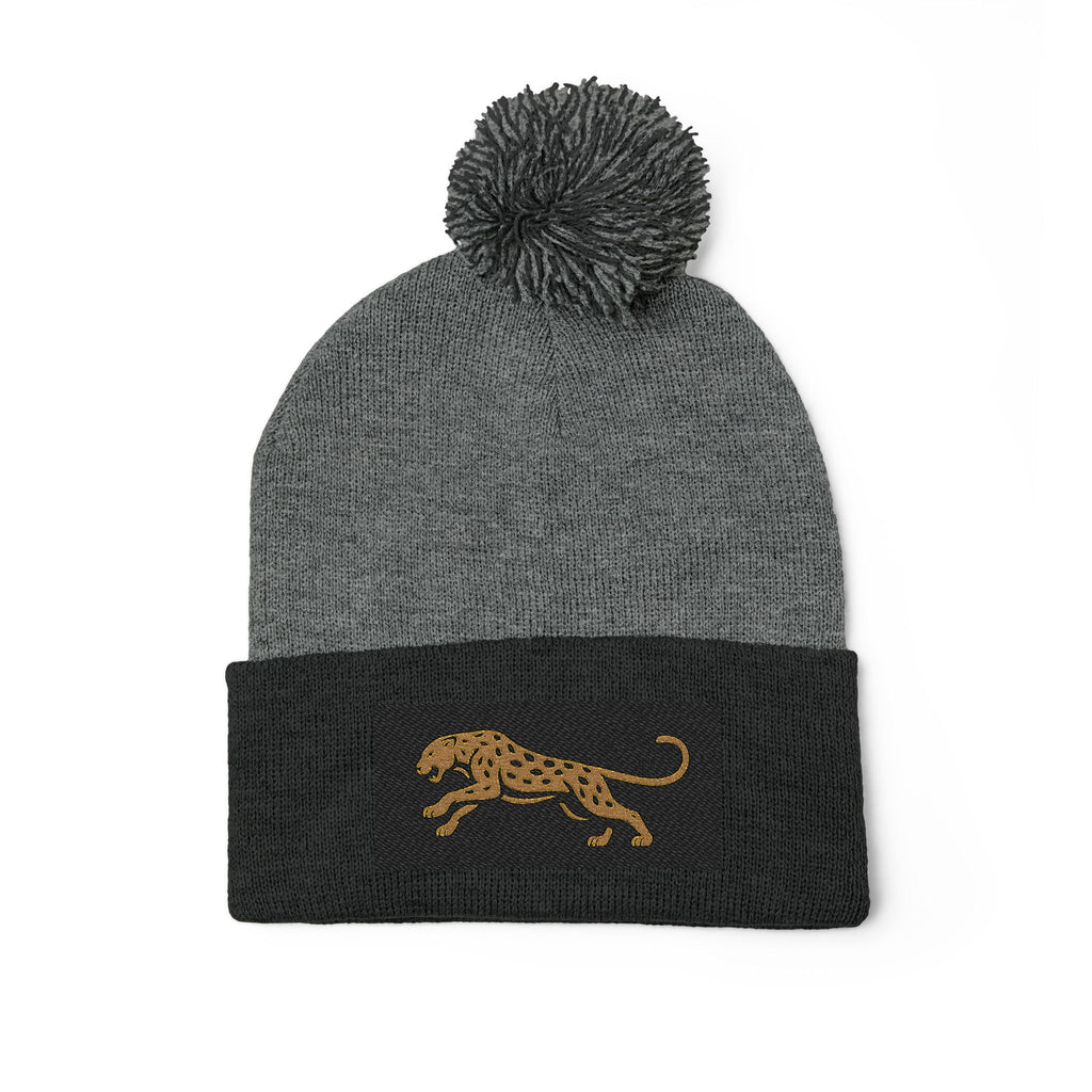 Embroidered Leopard Pom-Pom Knit Cap — Cozy Winter Beanie