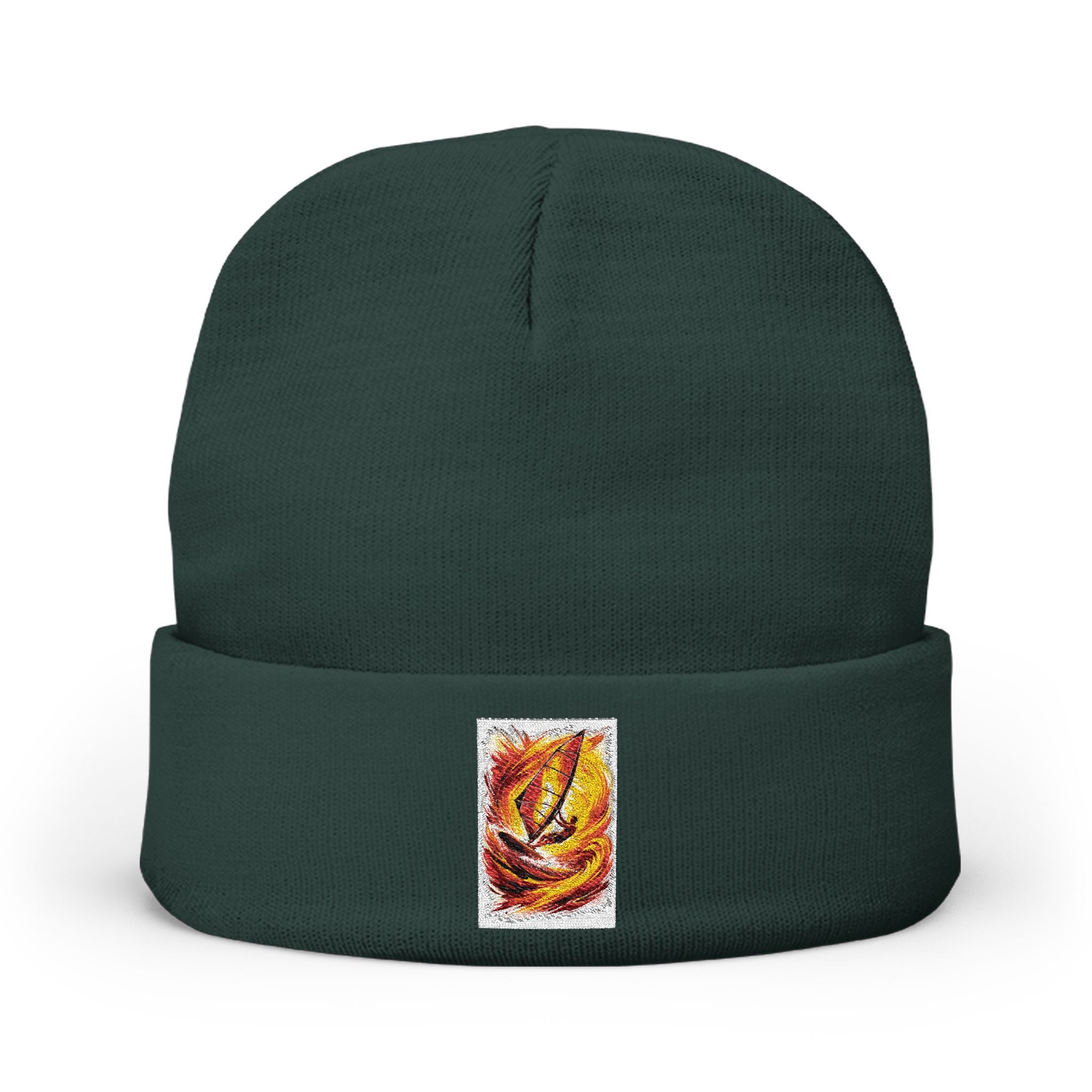Embroidered Flame Patch Knit Beanie — Cozy Fire-Inspired Winter Hat