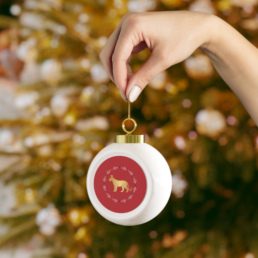 Gold Cougar Wreath Christmas Ornament — Festive Animal Holiday Ball