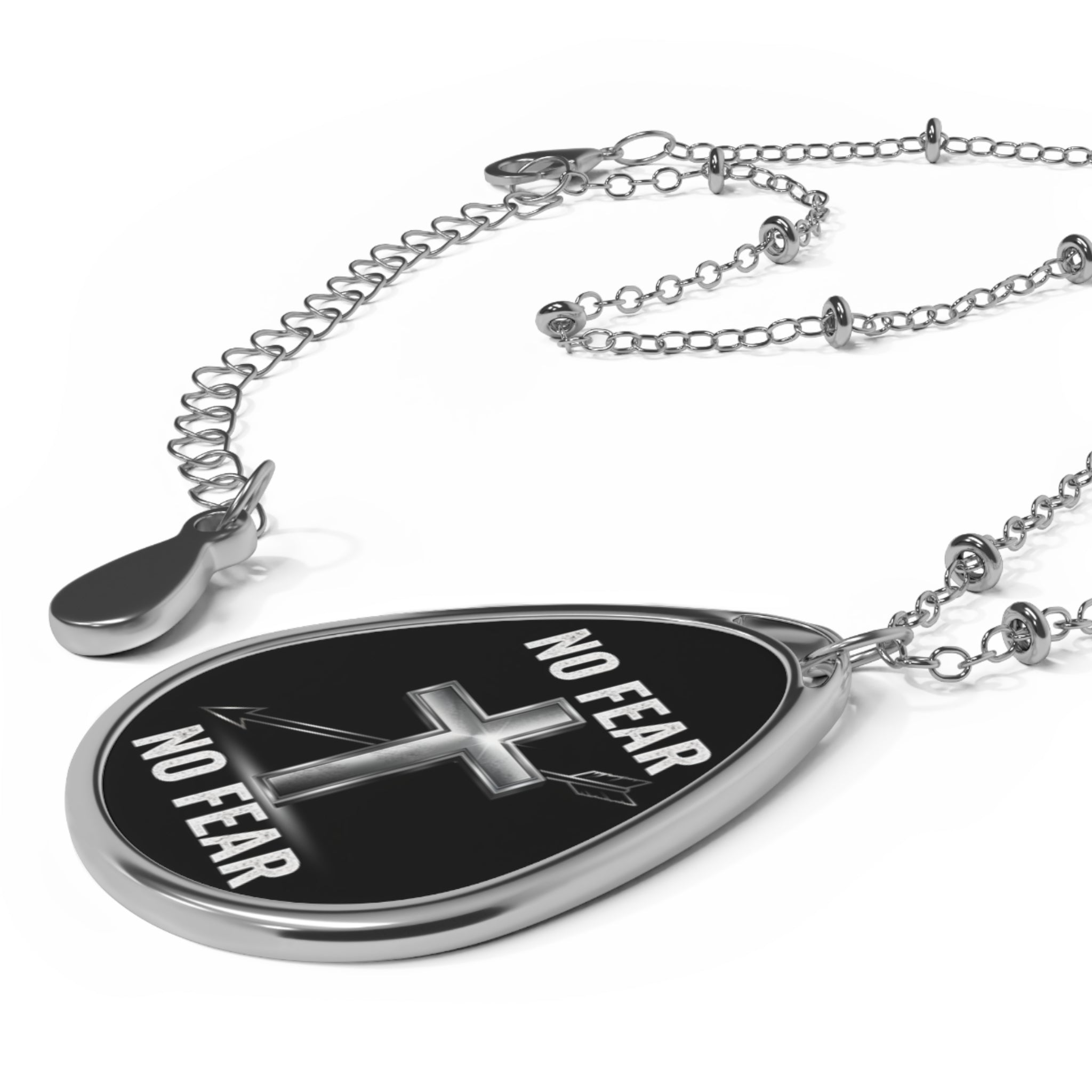 No Fear Cross Oval Necklace — Inspirational Christian Pendant