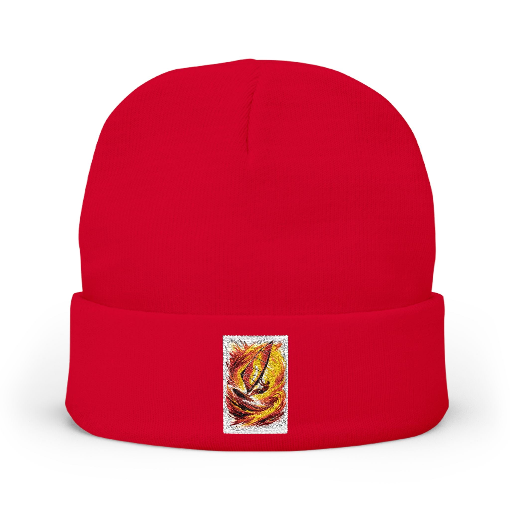 Embroidered Flame Patch Knit Beanie — Cozy Fire-Inspired Winter Hat