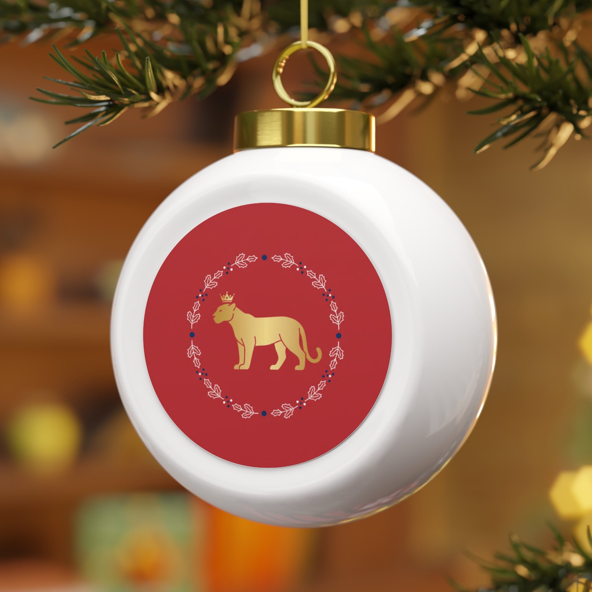 Gold Cougar Wreath Christmas Ornament — Festive Animal Holiday Ball