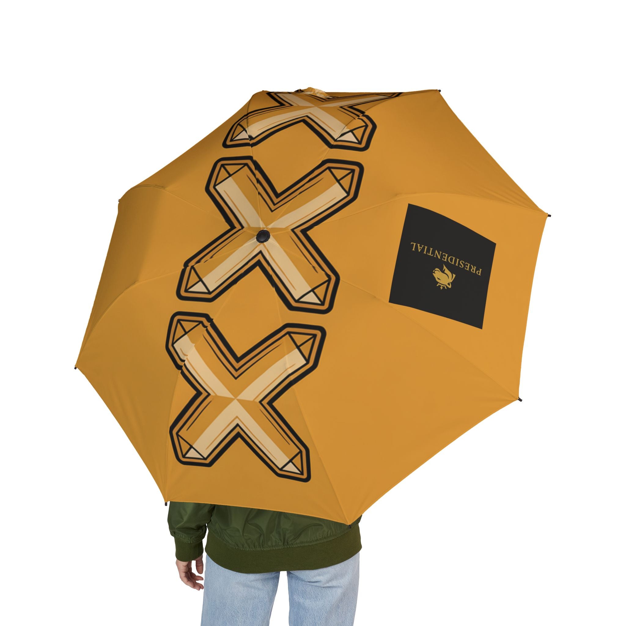 Foldable Umbrella — Mustard Yellow with Bold 3D Cross Pattern