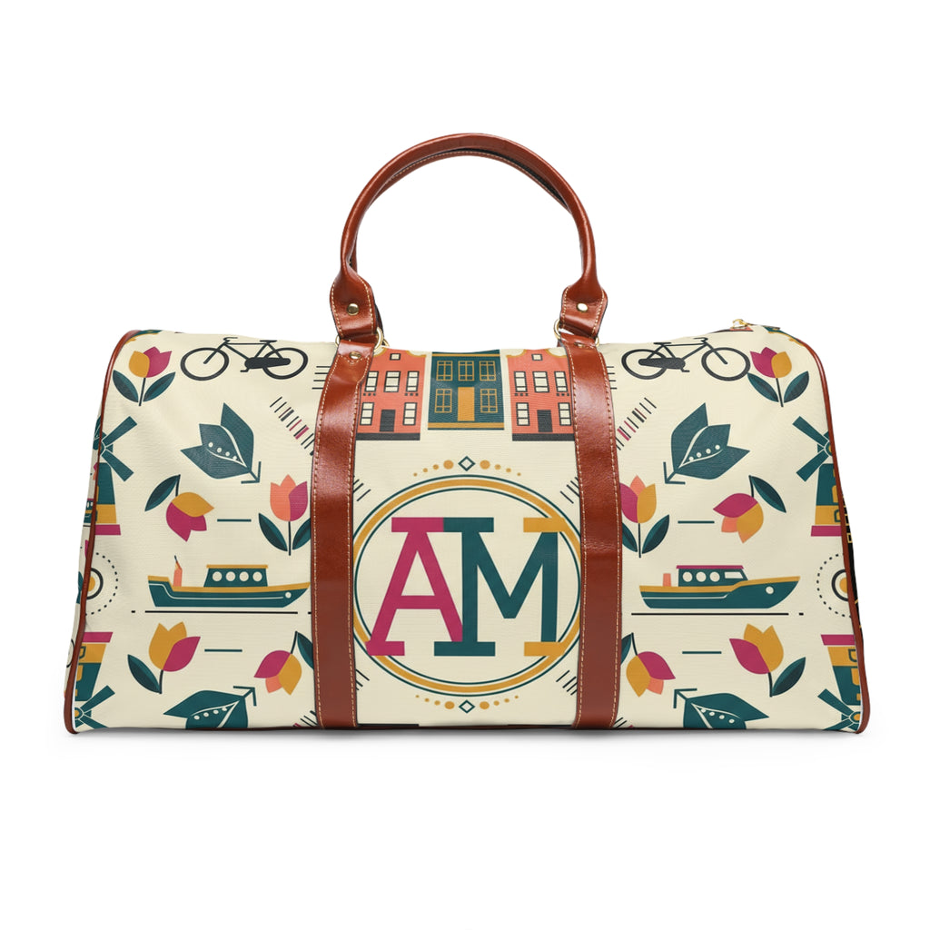 Personalized Waterproof Travel Bag — Monogram Floral & Cityscape Duffle