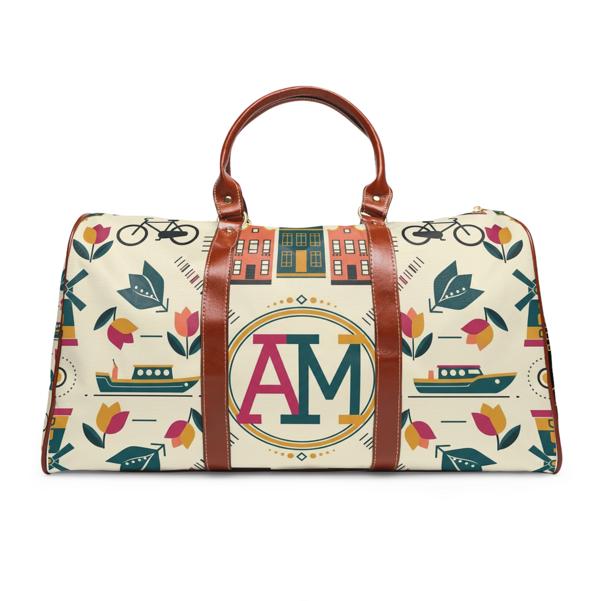 Personalized Waterproof Travel Bag — Monogram Floral & Cityscape Duffle