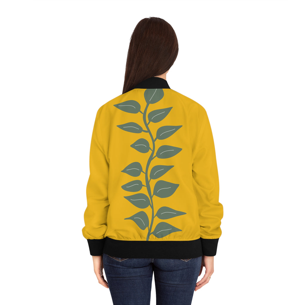 Floral Mustard Bomber Jacket — Women's Retro Flower Print
