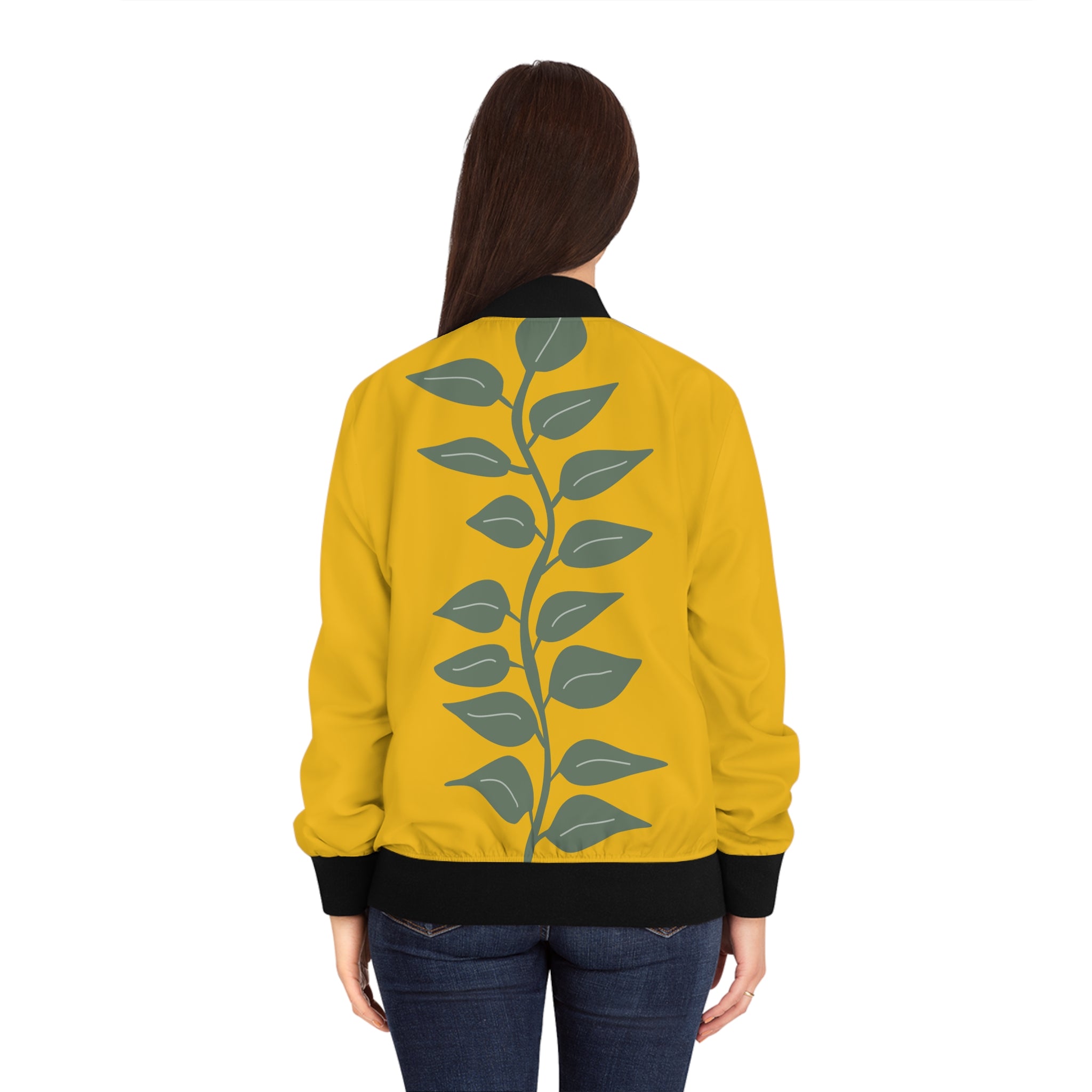Floral Mustard Bomber Jacket — Women's Retro Flower Print