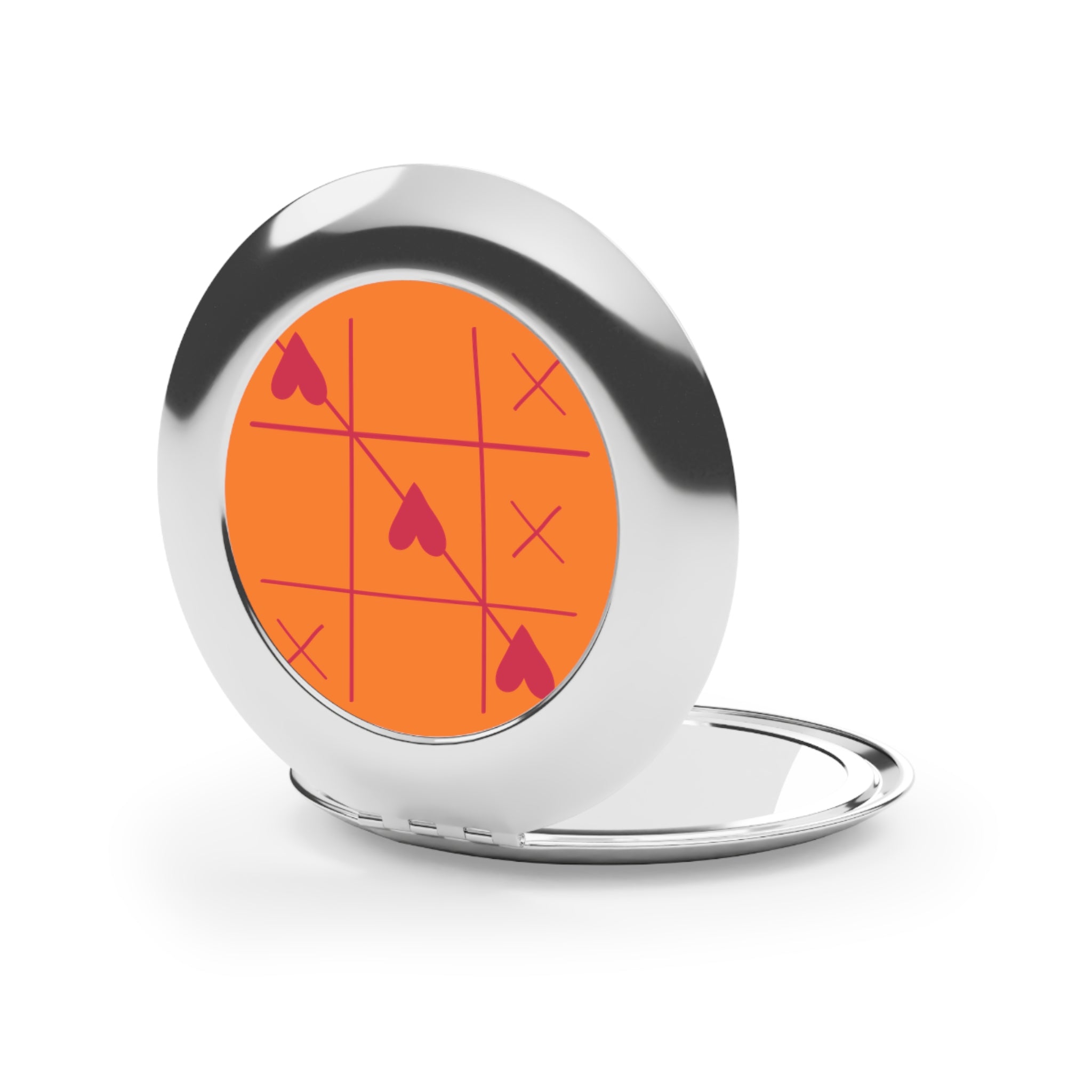 Compact Travel Mirror — Orange Tic‑Tac‑Toe Hearts Pocket Mirror