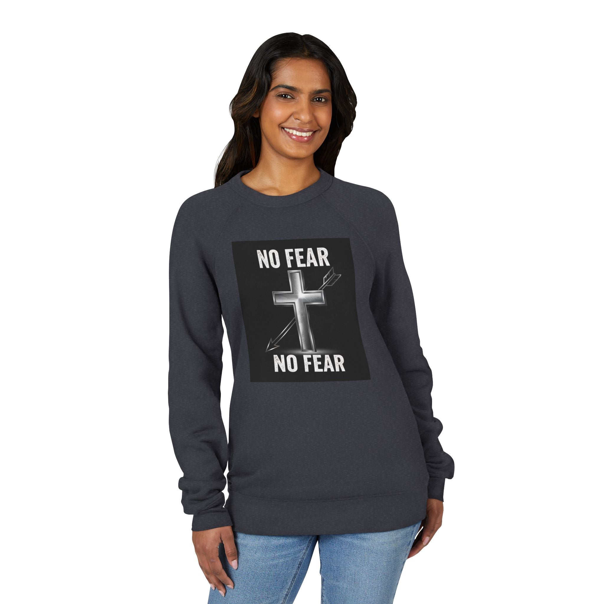 No Fear Cross Sweatshirt — Christian Faith Graphic Raglan