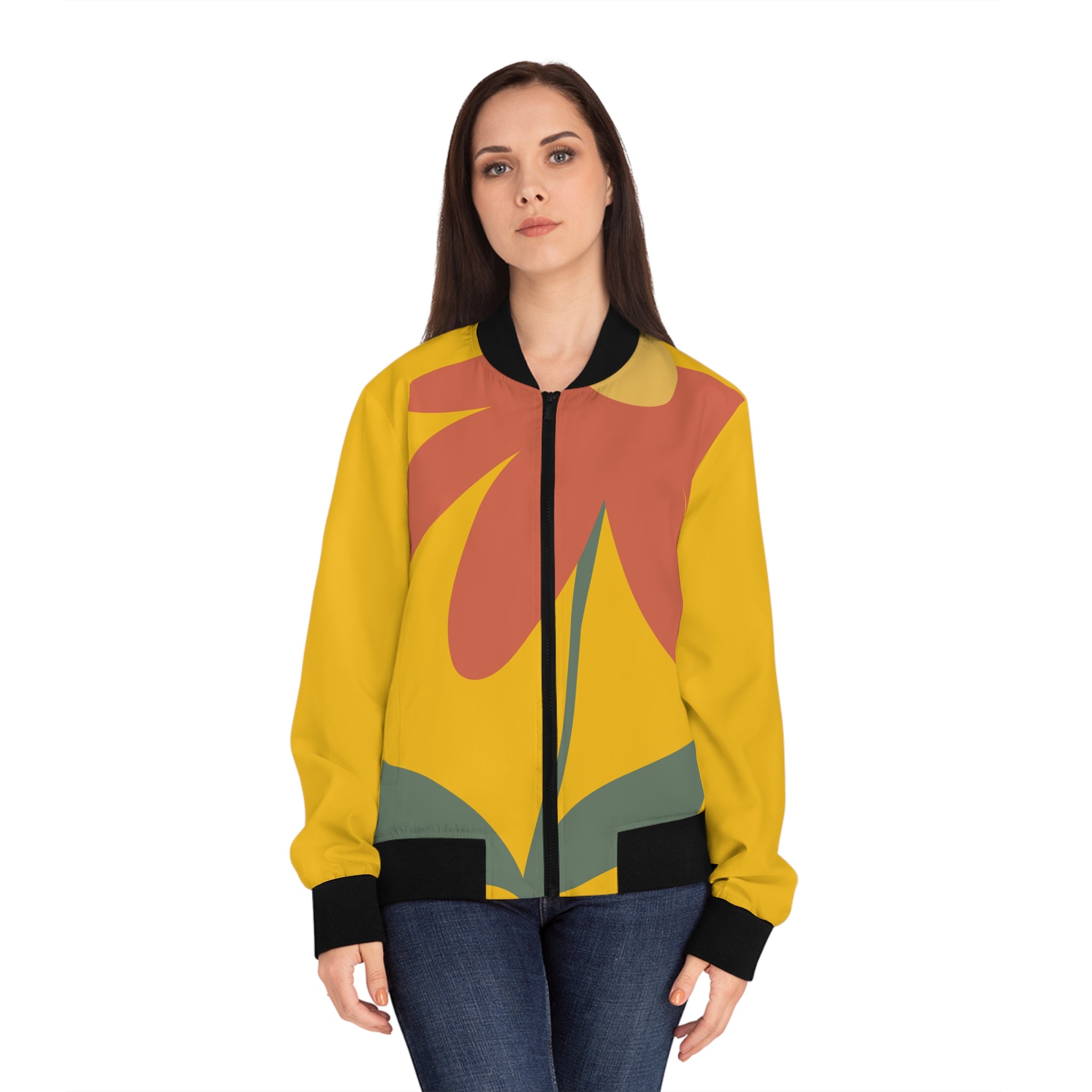 Floral Mustard Bomber Jacket — Women's Retro Flower Print