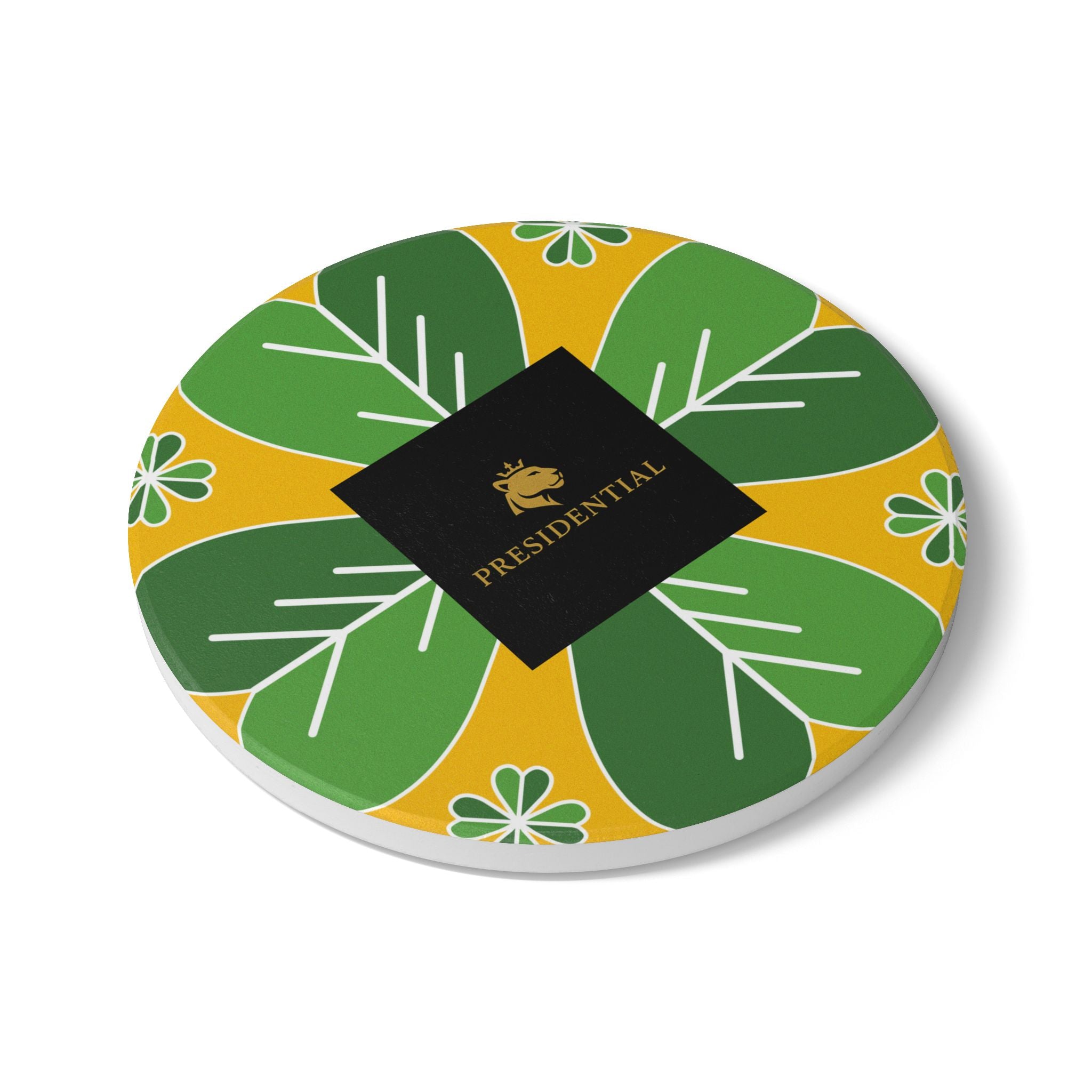 Presidential Clover Ceramic Coaster — Green & Gold Floral Drink Coaster