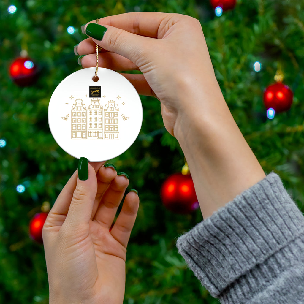 Gold Holiday House Ceramic Ornament — Round Christmas Tree Decoration