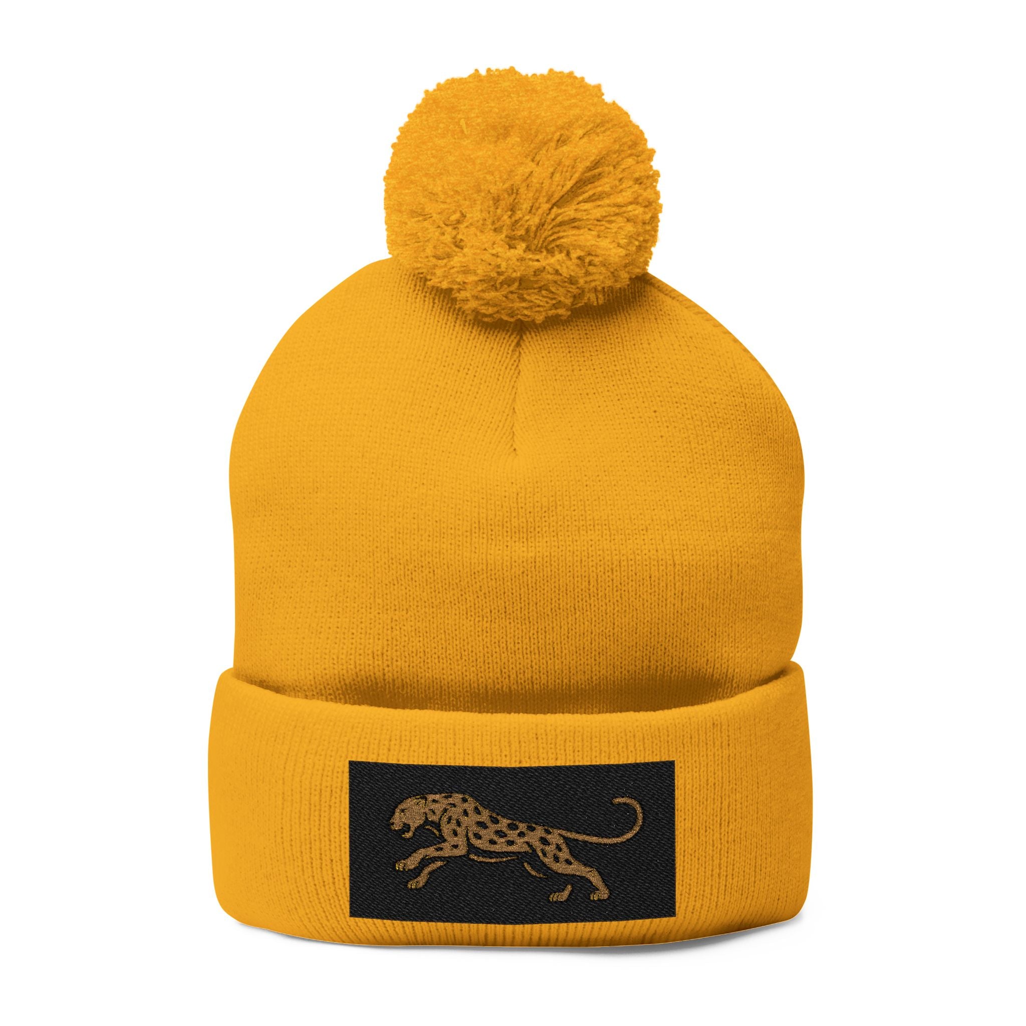 Embroidered Leopard Pom-Pom Knit Cap — Cozy Winter Beanie