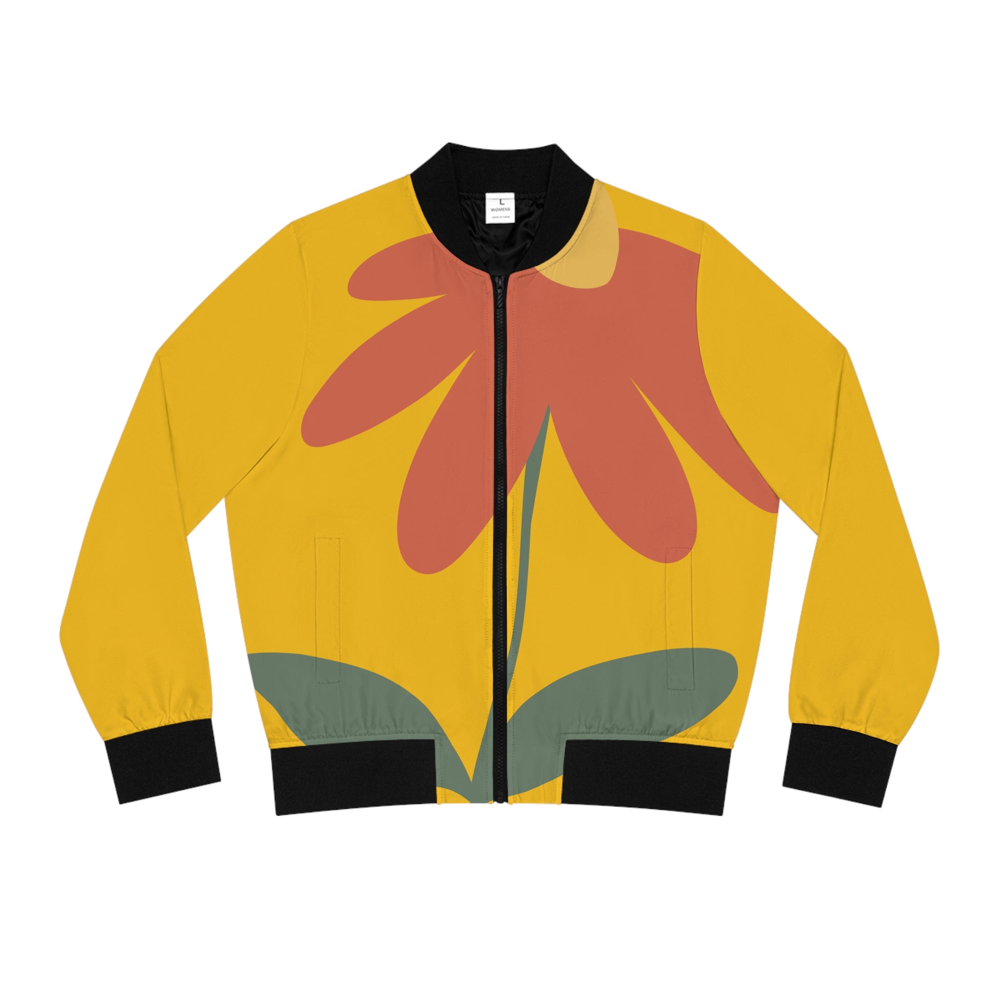 Floral Mustard Bomber Jacket — Women's Retro Flower Print
