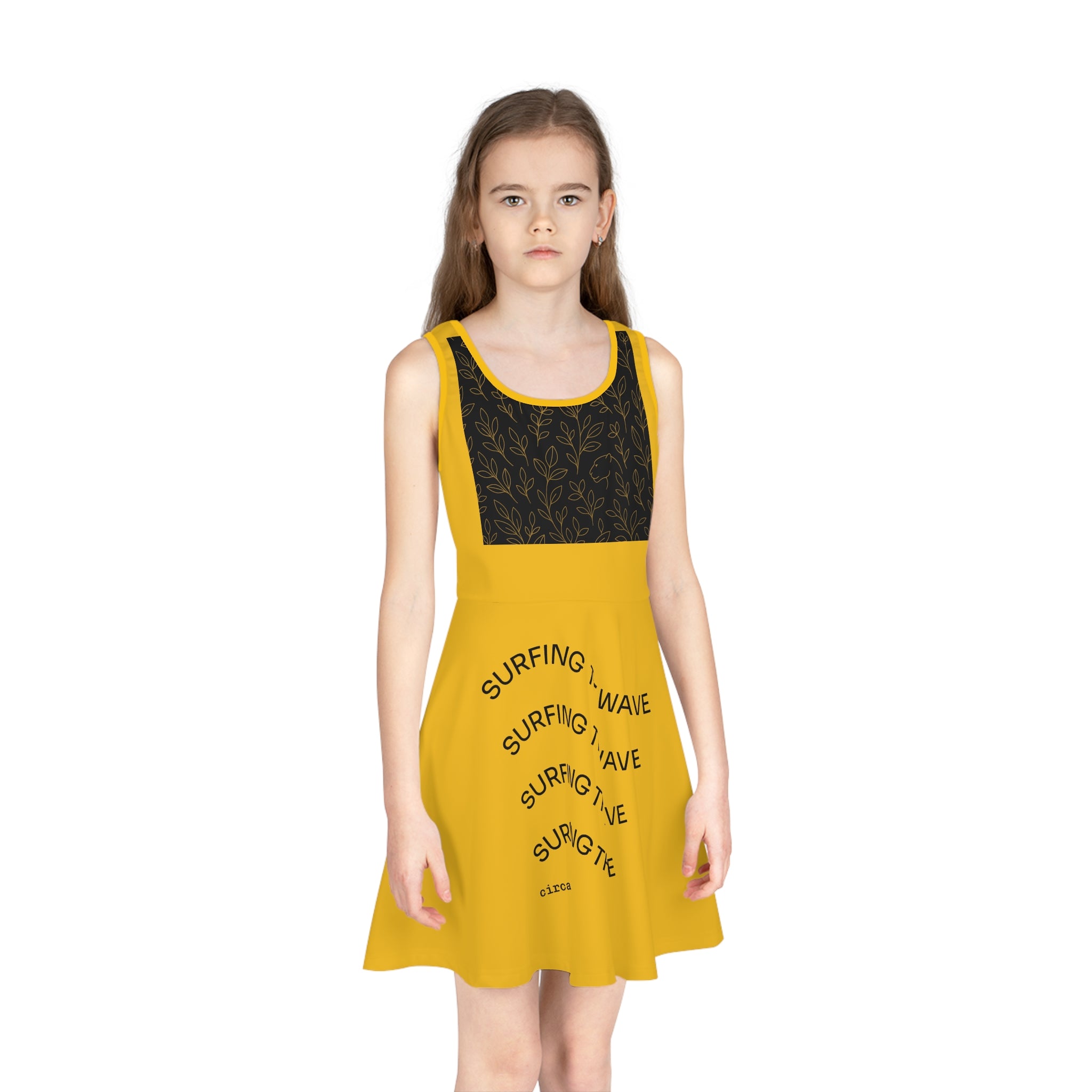 Girls' Yellow Sundress - 'Surfing The Wave' Graphic Summer Dress