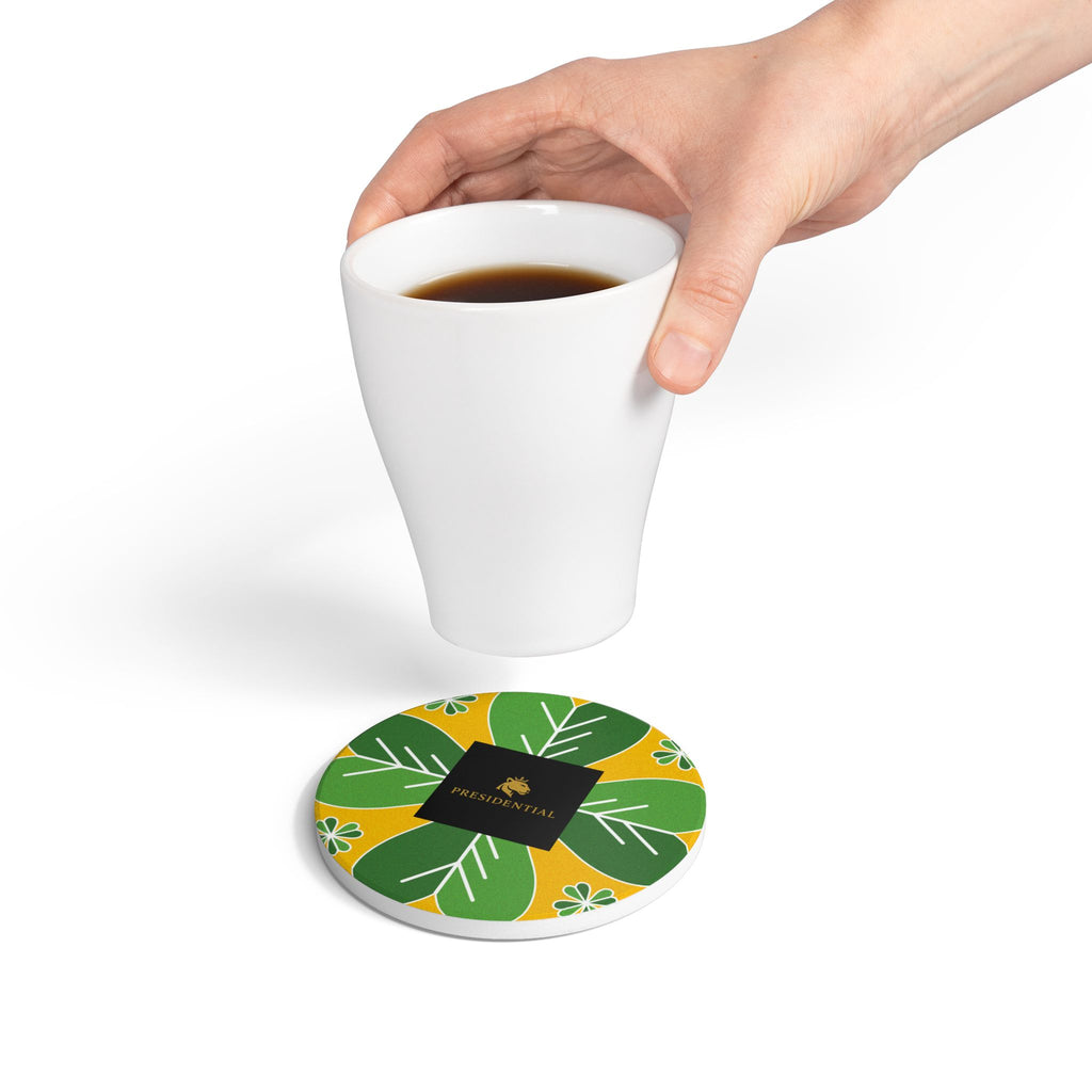 Presidential Clover Ceramic Coaster — Green & Gold Floral Drink Coaster
