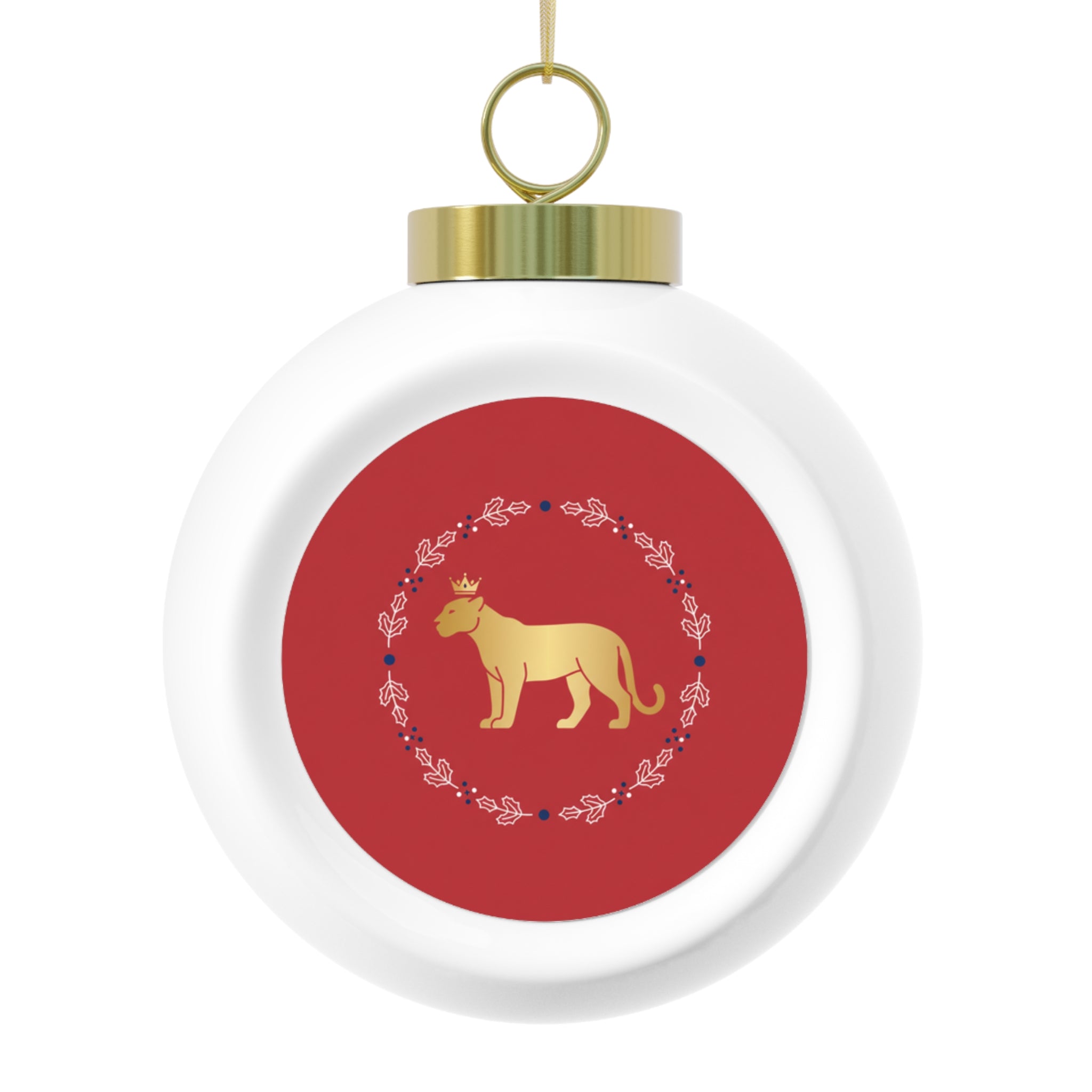 Gold Cougar Wreath Christmas Ornament — Festive Animal Holiday Ball