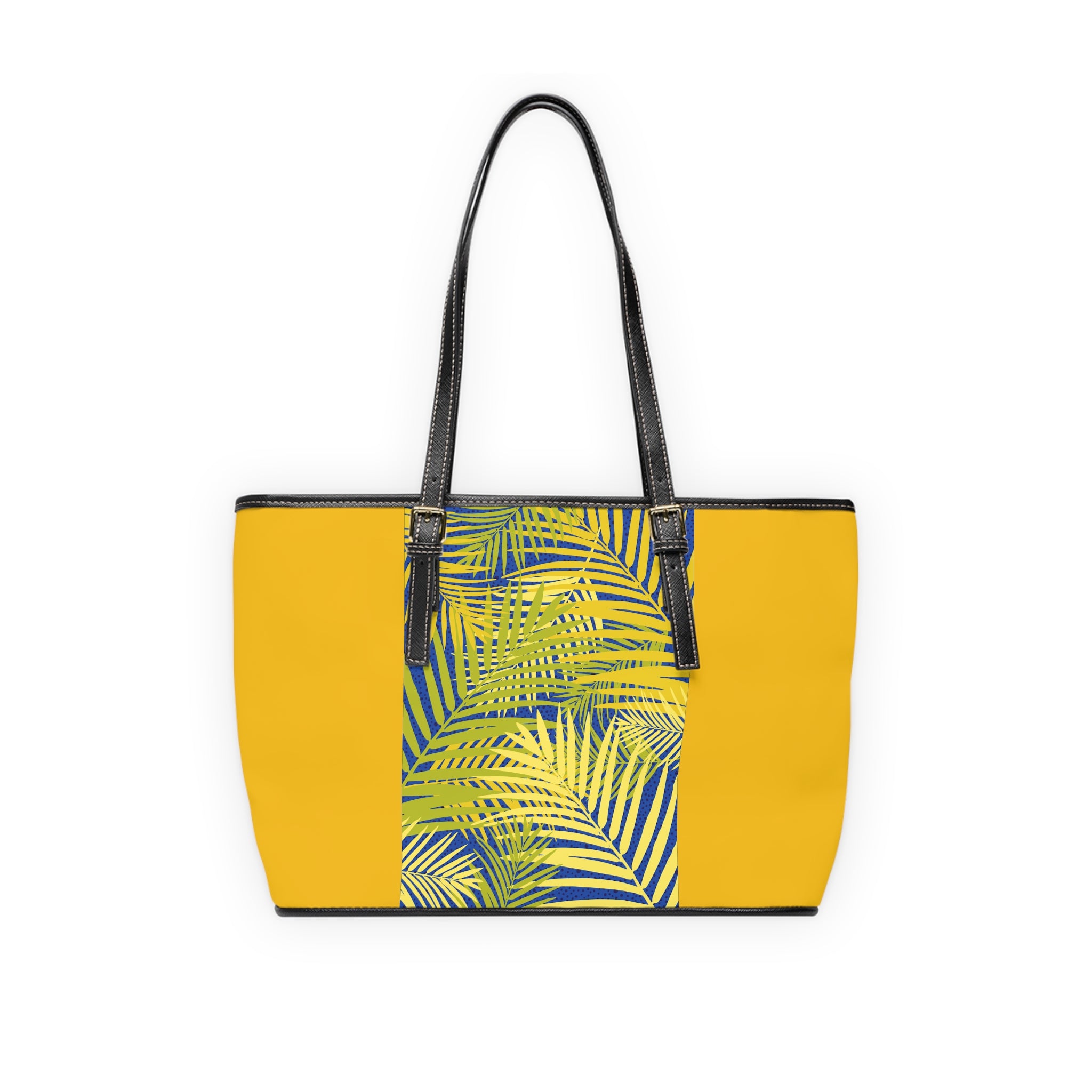 Tropical Palm Print PU Leather Shoulder Bag – Yellow Tote with Leaf Accent