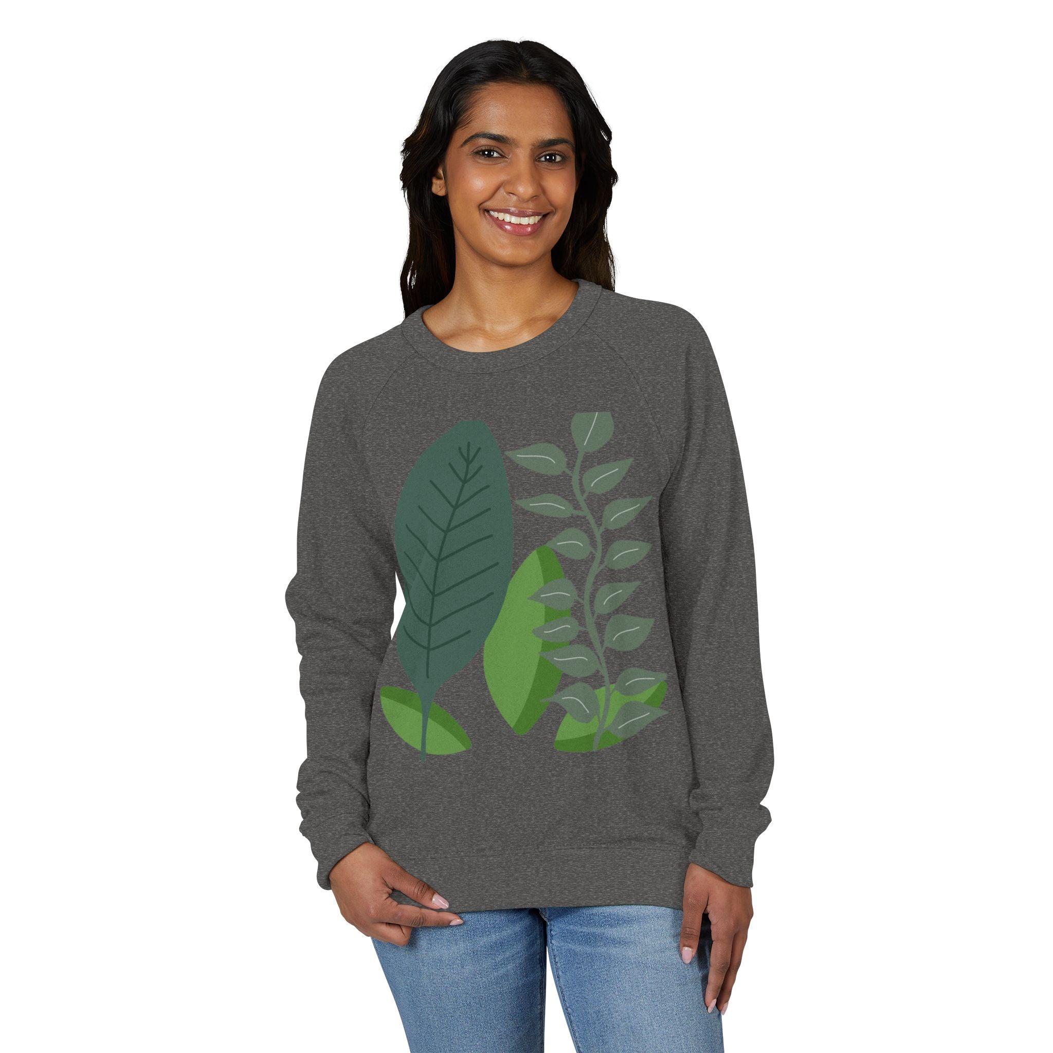 Botanical Crewneck Sweatshirt — Minimal Leaf & Tulip Floral Raglan
