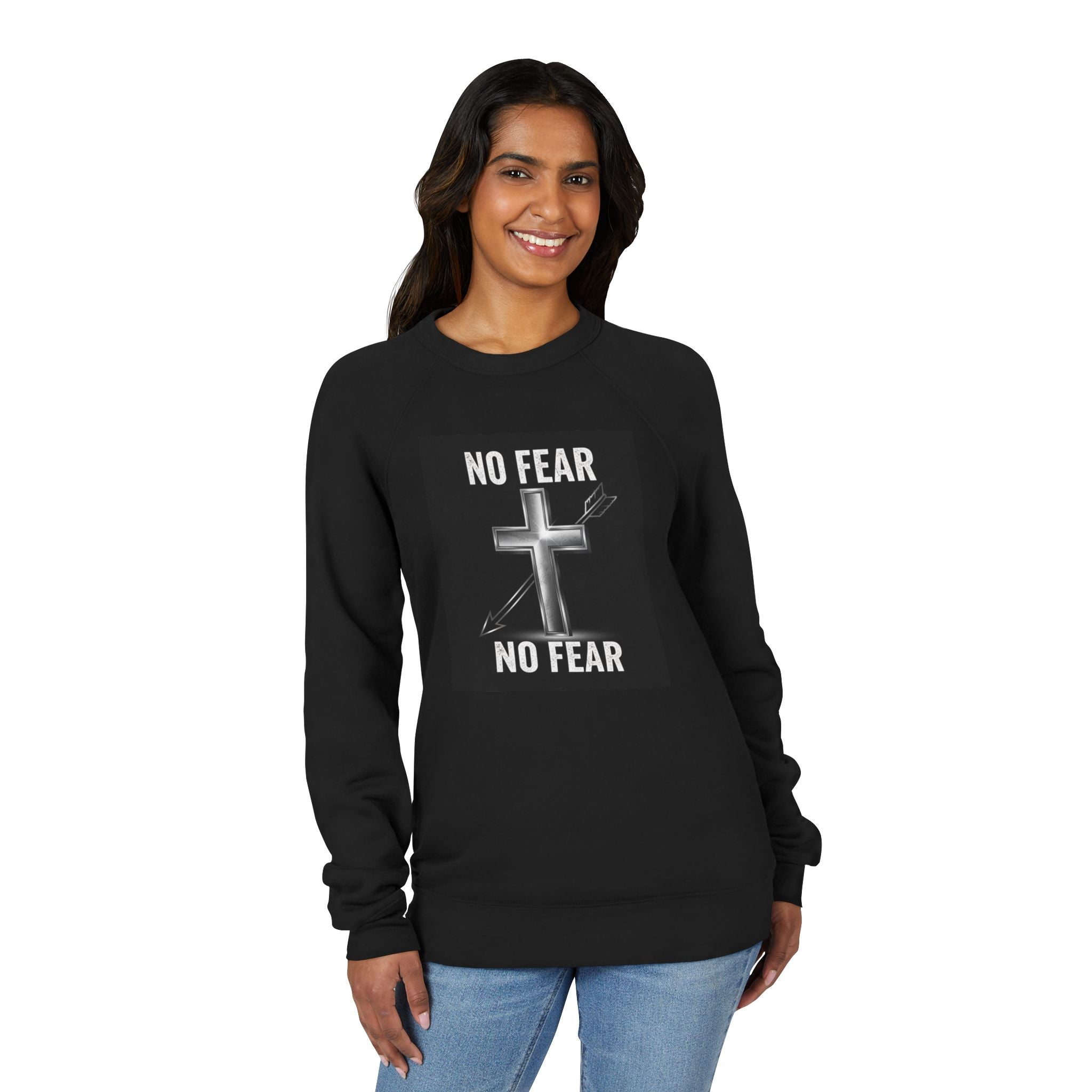 No Fear Cross Sweatshirt — Christian Faith Graphic Raglan