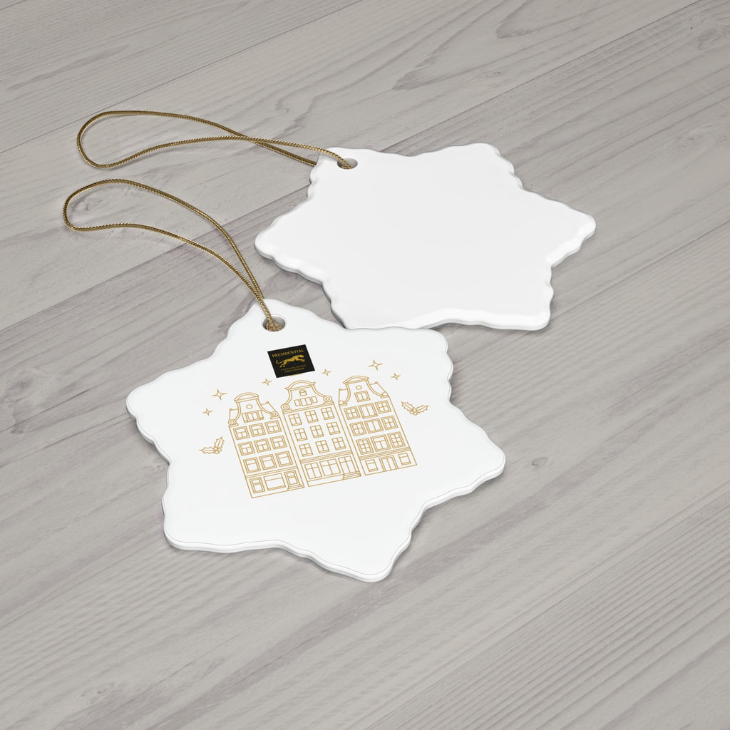 Gold Holiday House Ceramic Ornament — Round Christmas Tree Decoration