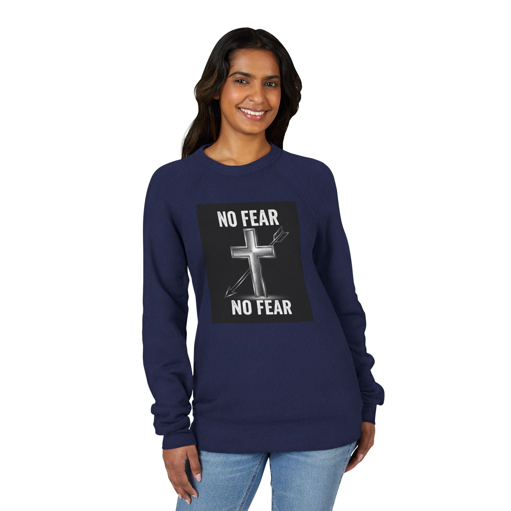 No Fear Cross Sweatshirt — Christian Faith Graphic Raglan