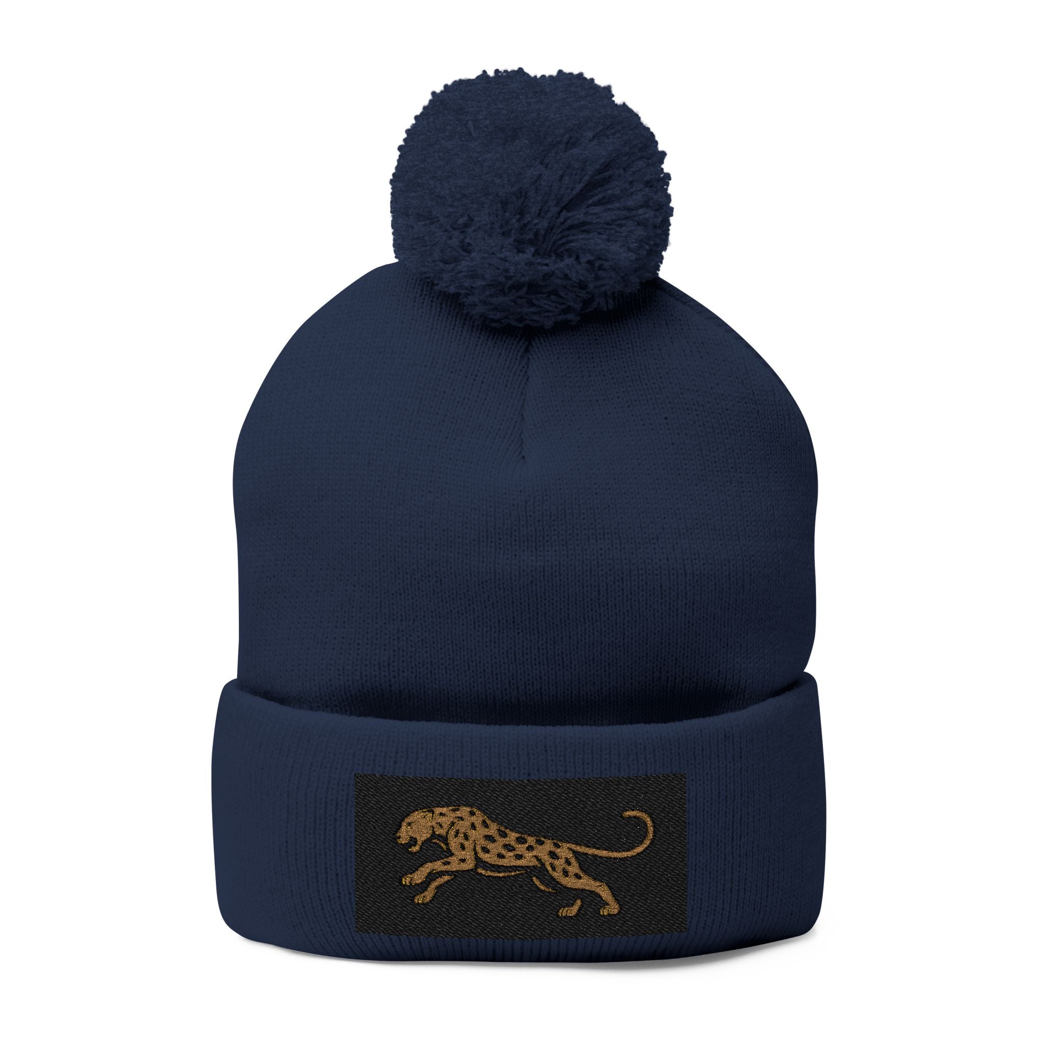 Embroidered Leopard Pom-Pom Knit Cap — Cozy Winter Beanie