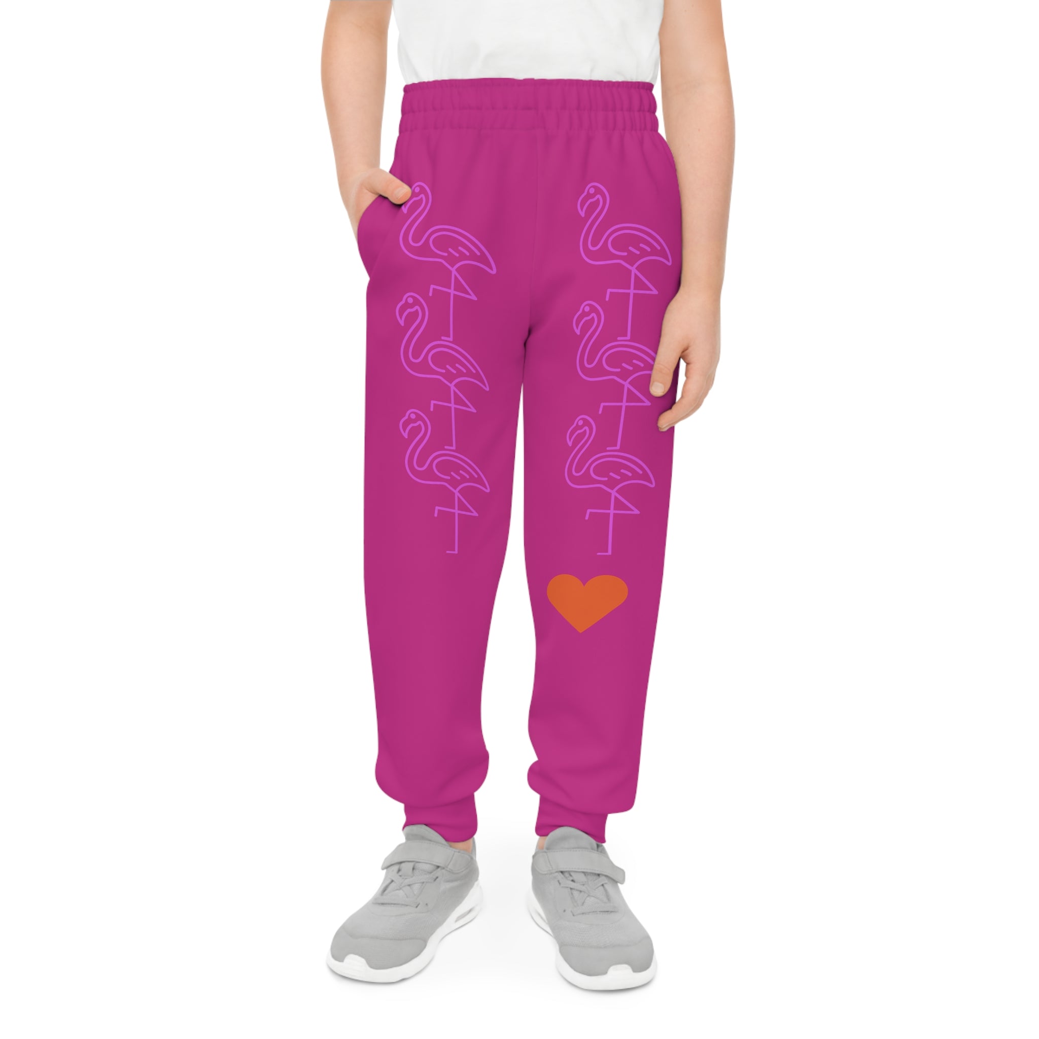 Kids Flamingo Heart Joggers — Pink All-Over-Print Youth Sweatpants