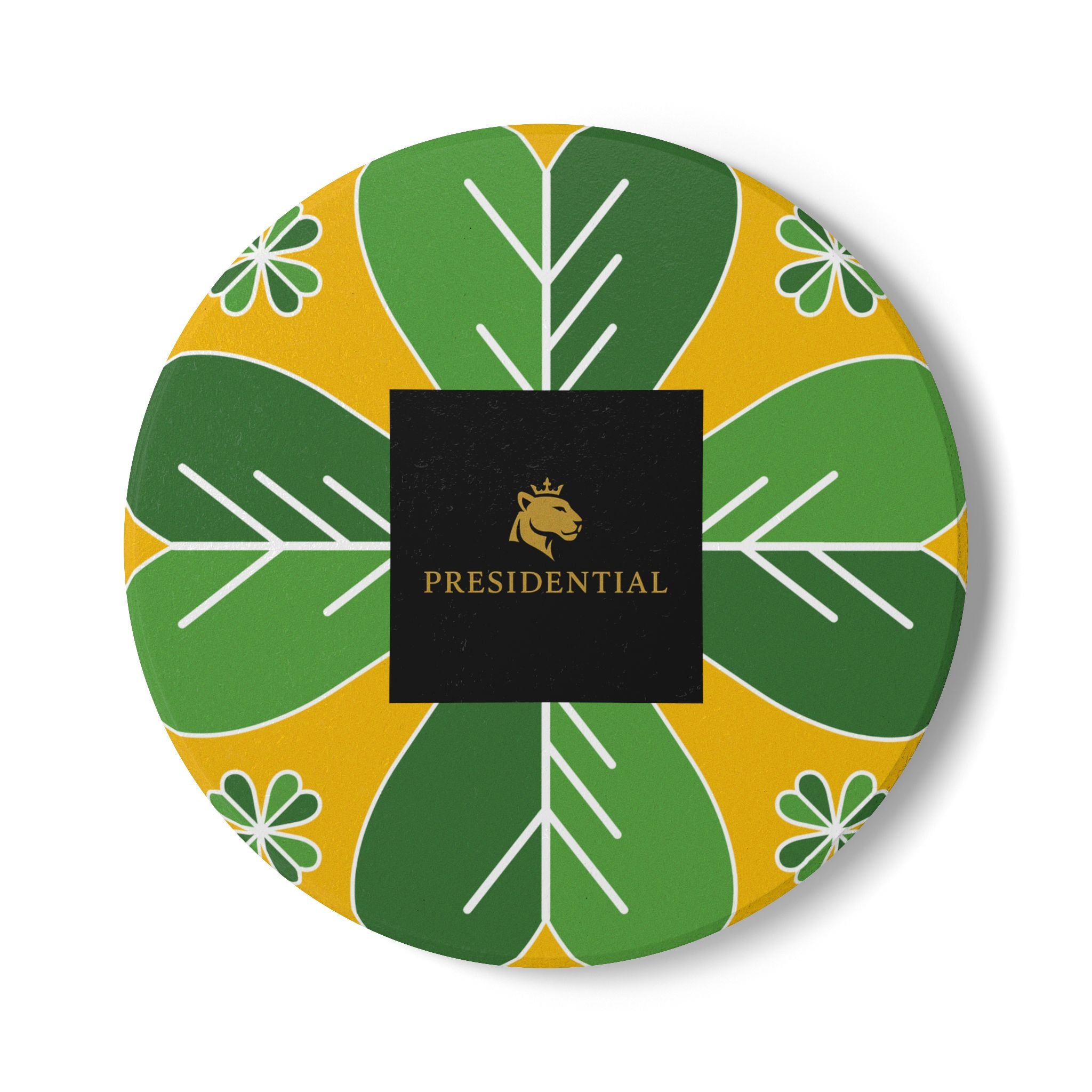 Presidential Clover Ceramic Coaster — Green & Gold Floral Drink Coaster