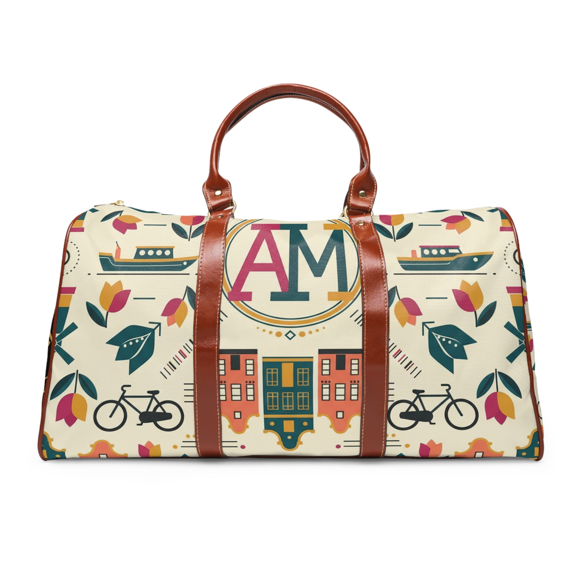 Personalized Waterproof Travel Bag — Monogram Floral & Cityscape Duffle