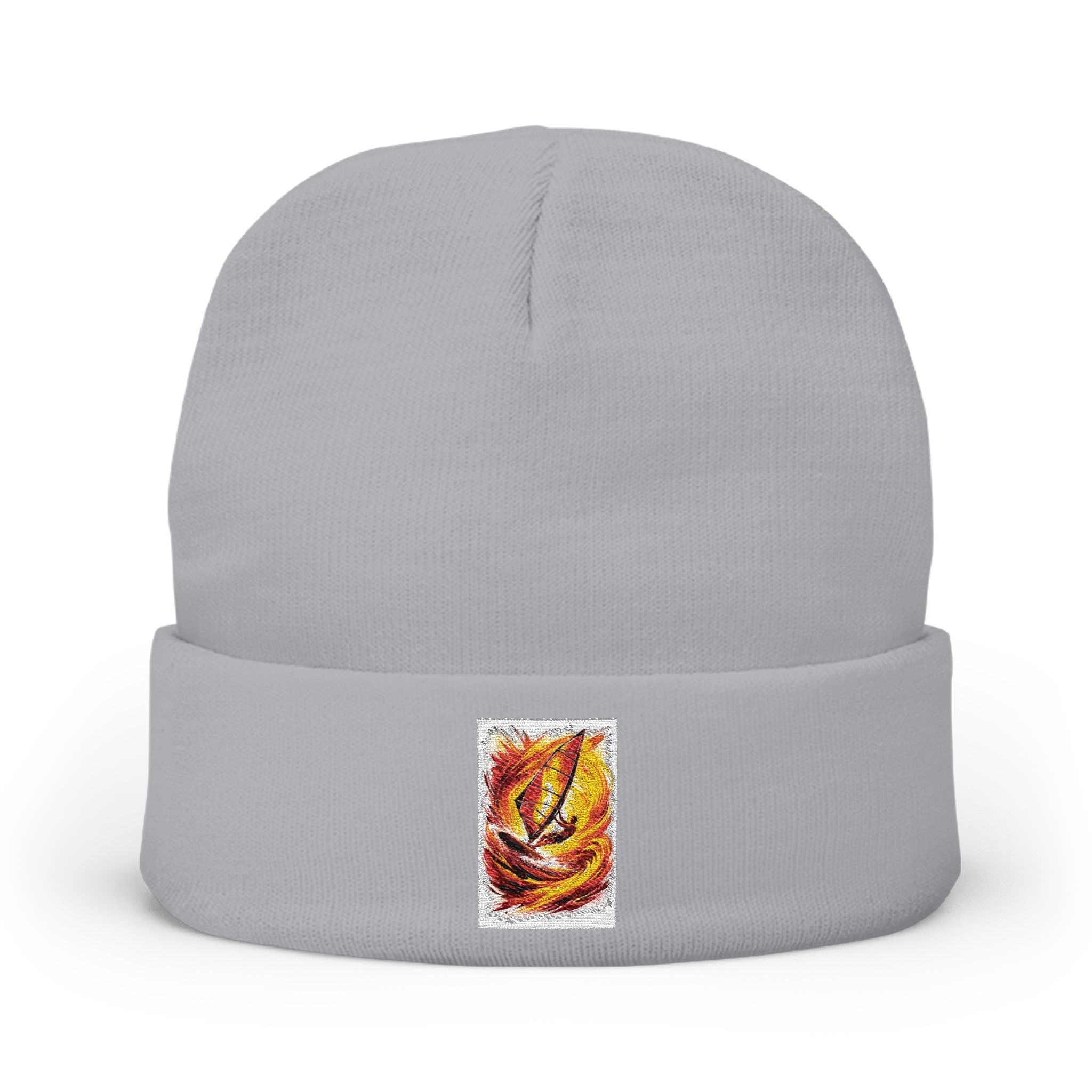 Embroidered Flame Patch Knit Beanie — Cozy Fire-Inspired Winter Hat