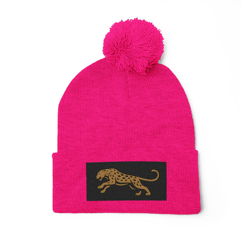 Embroidered Leopard Pom-Pom Knit Cap — Cozy Winter Beanie