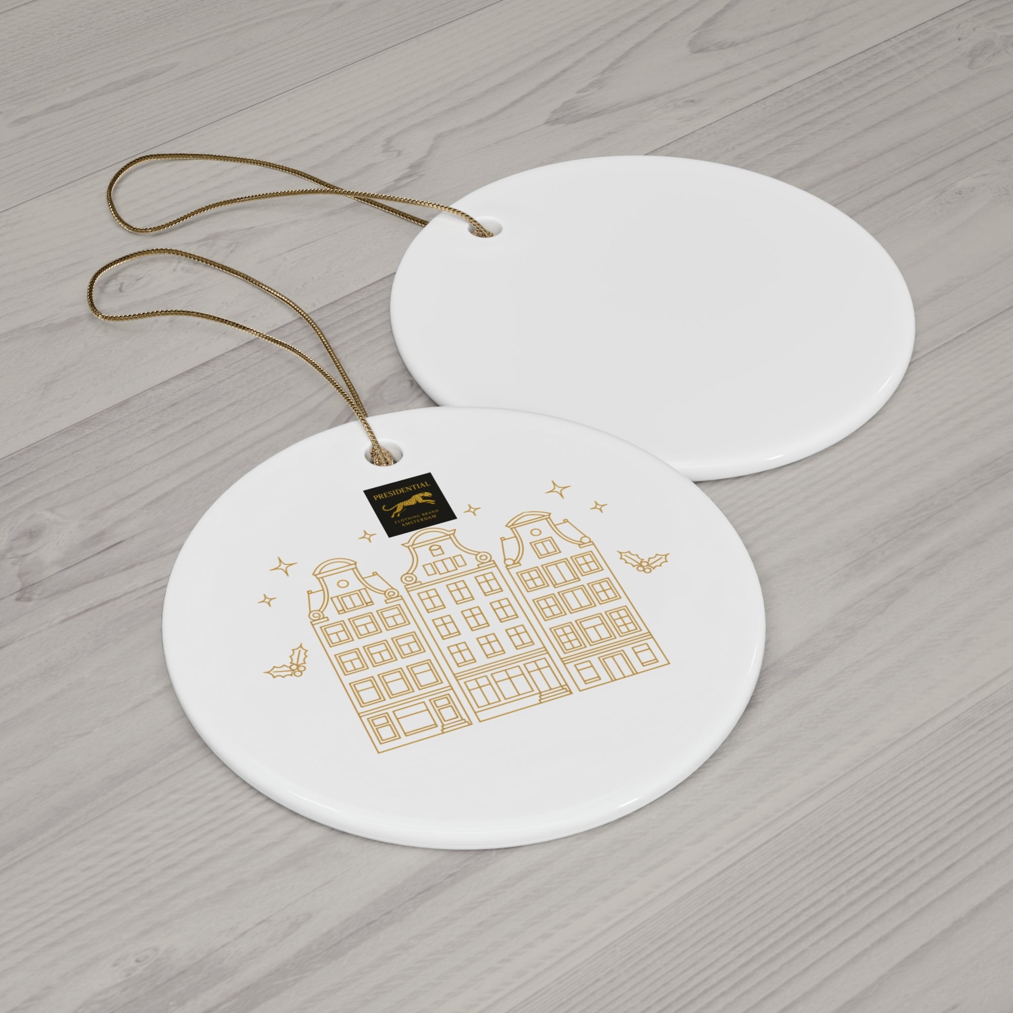 Gold Holiday House Ceramic Ornament — Round Christmas Tree Decoration