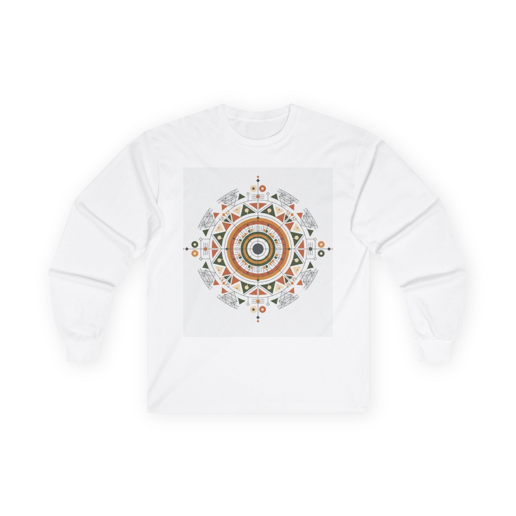Geometric Mandala Long Sleeve Tee — Earth Tone Sacred Circle Design