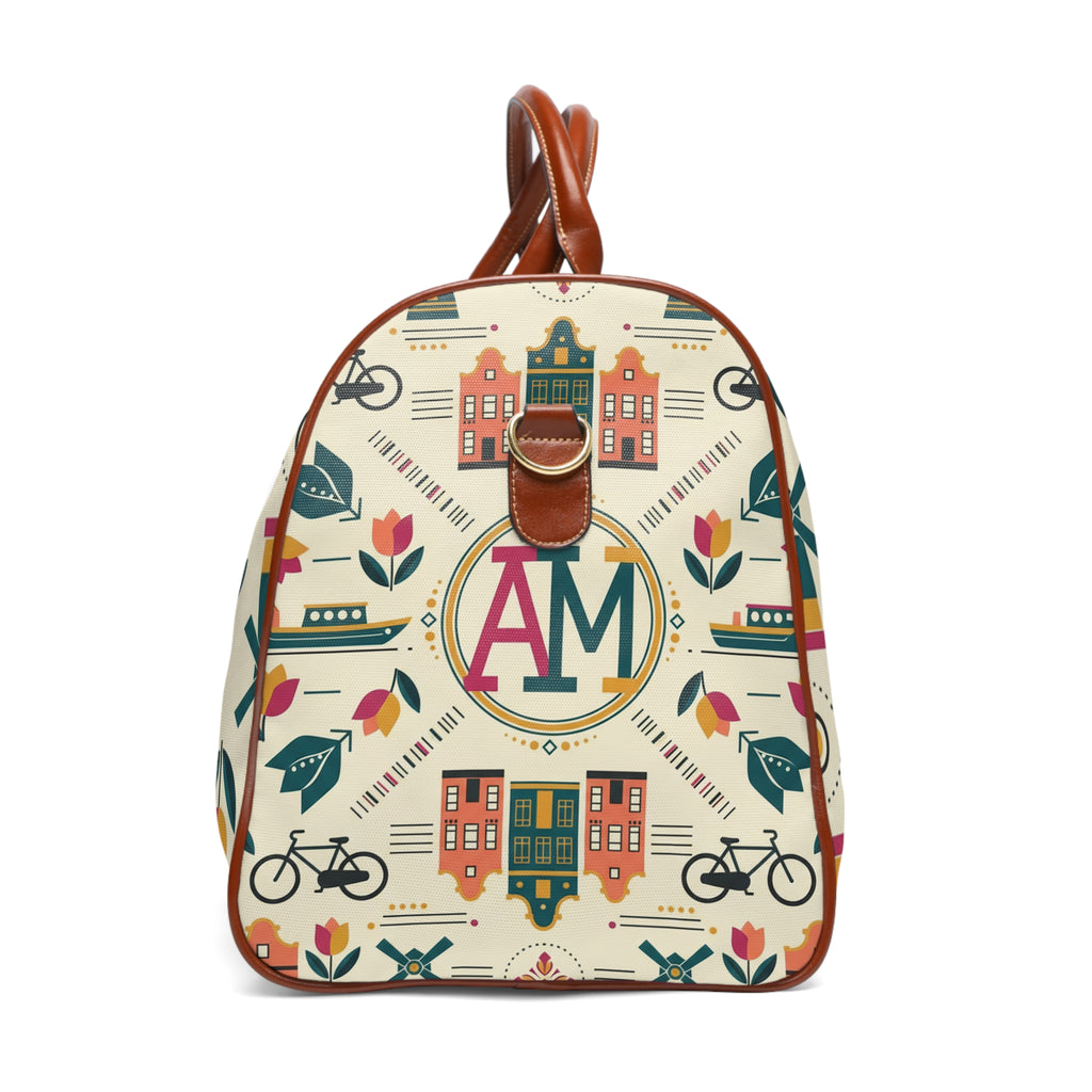 Personalized Waterproof Travel Bag — Monogram Floral & Cityscape Duffle