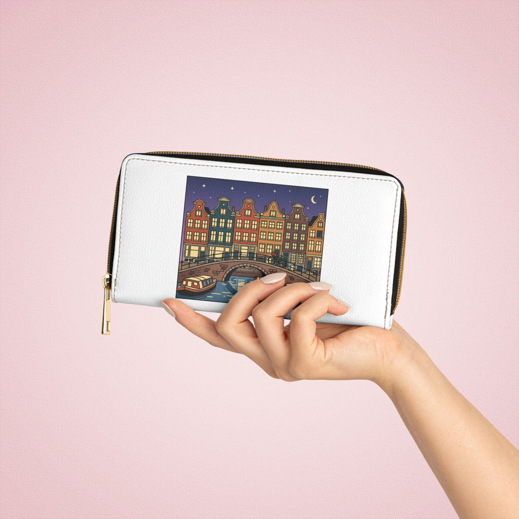 Zipper Wallet — Cute Cityscape & Heart Zip Wallet (Nighttime Row Houses Design)