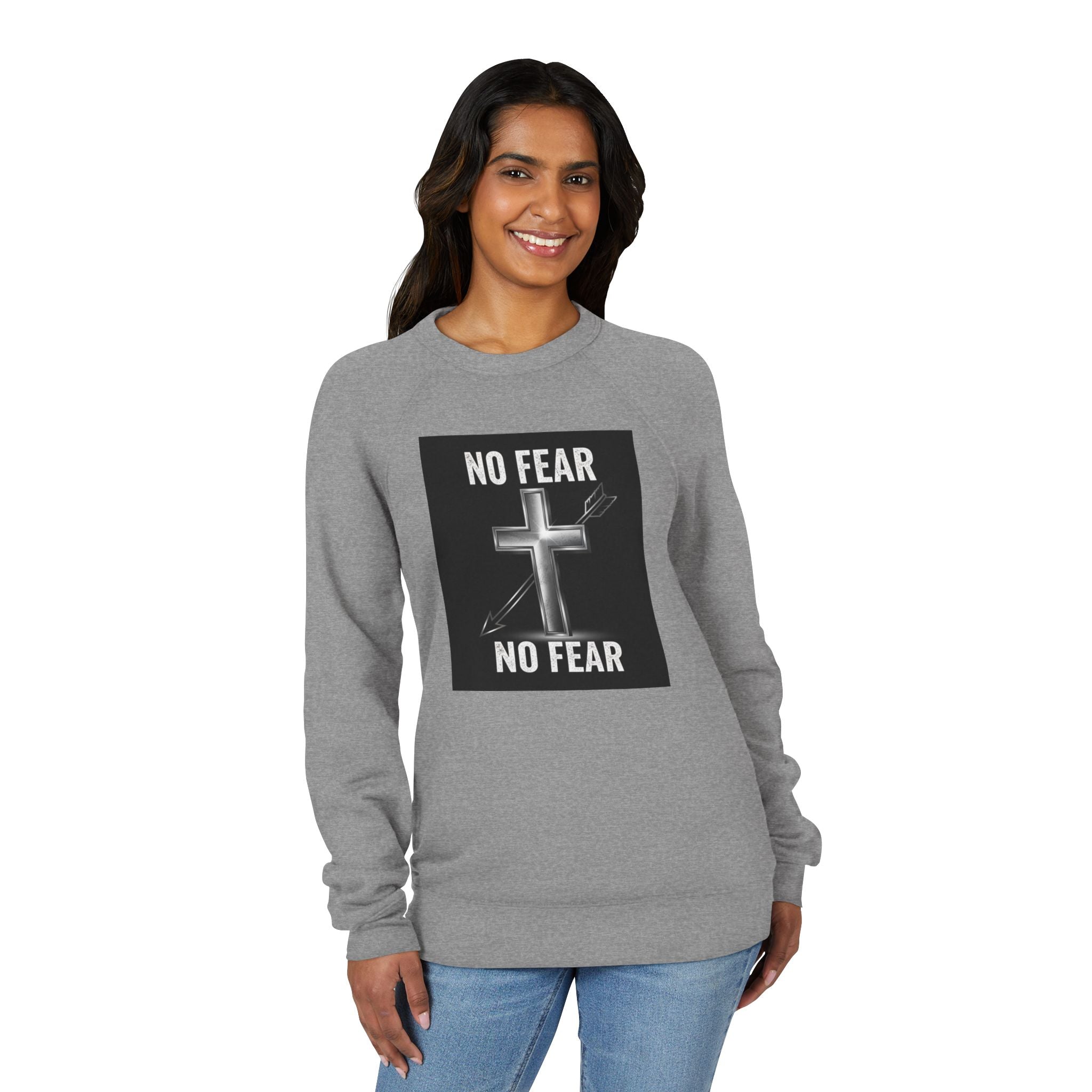 No Fear Cross Sweatshirt — Christian Faith Graphic Raglan