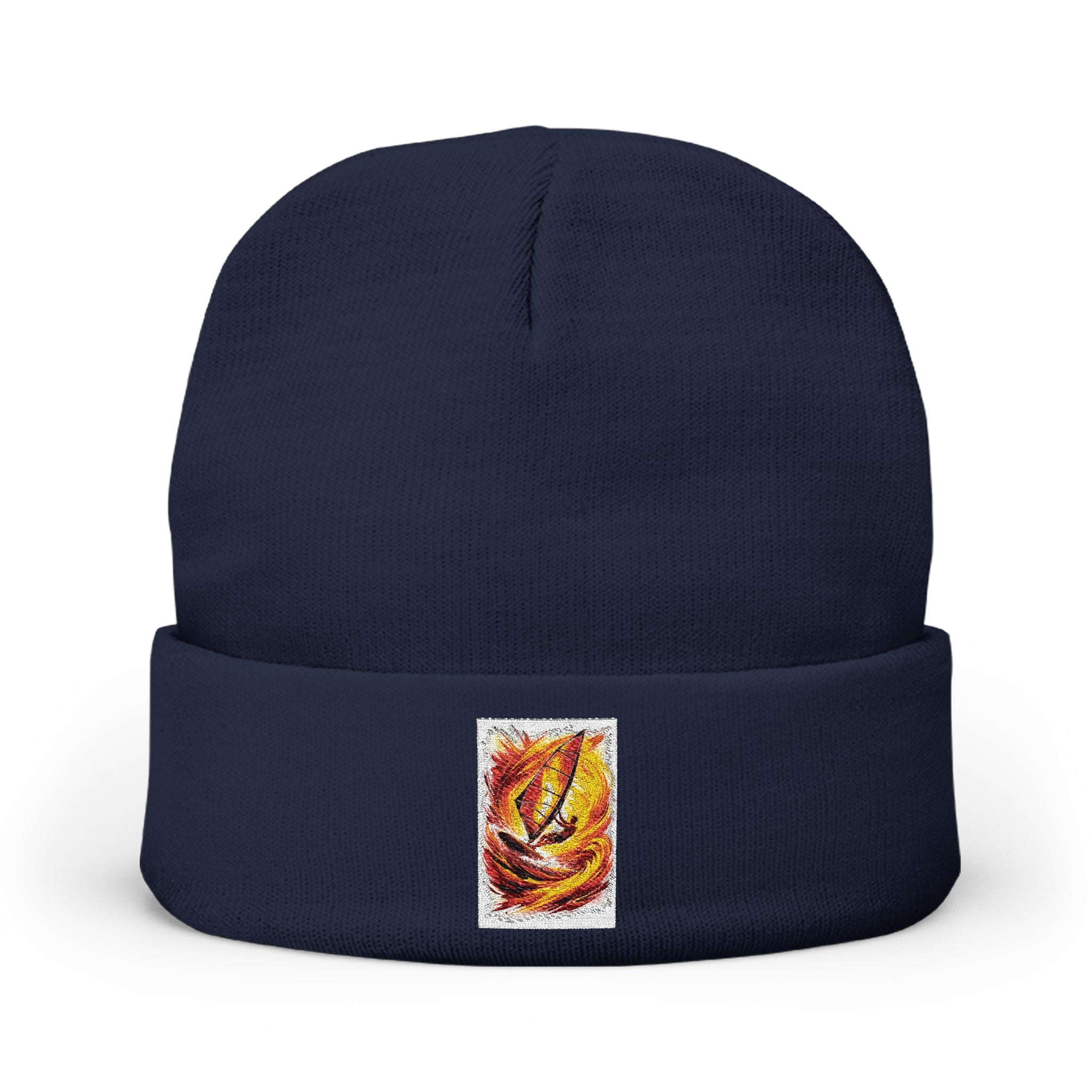 Embroidered Flame Patch Knit Beanie — Cozy Fire-Inspired Winter Hat