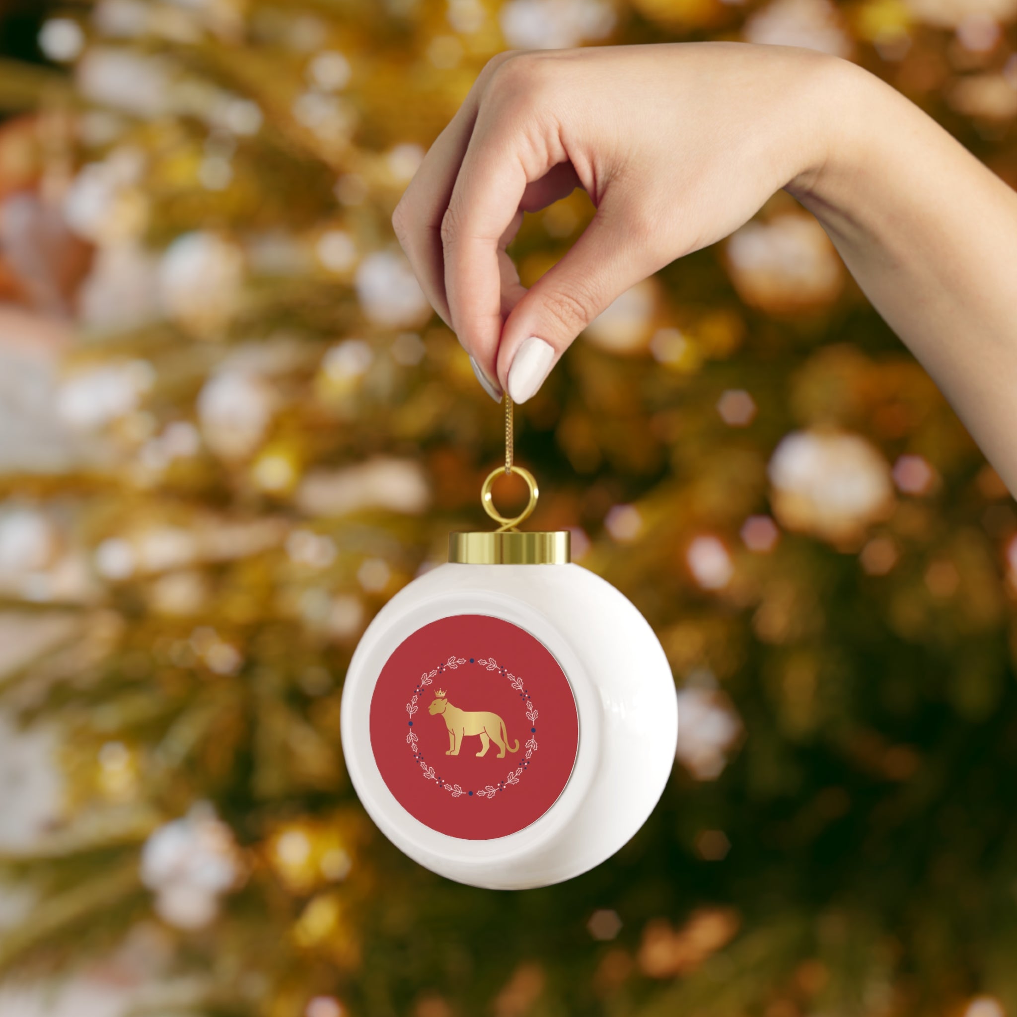 Gold Cougar Wreath Christmas Ornament — Festive Animal Holiday Ball