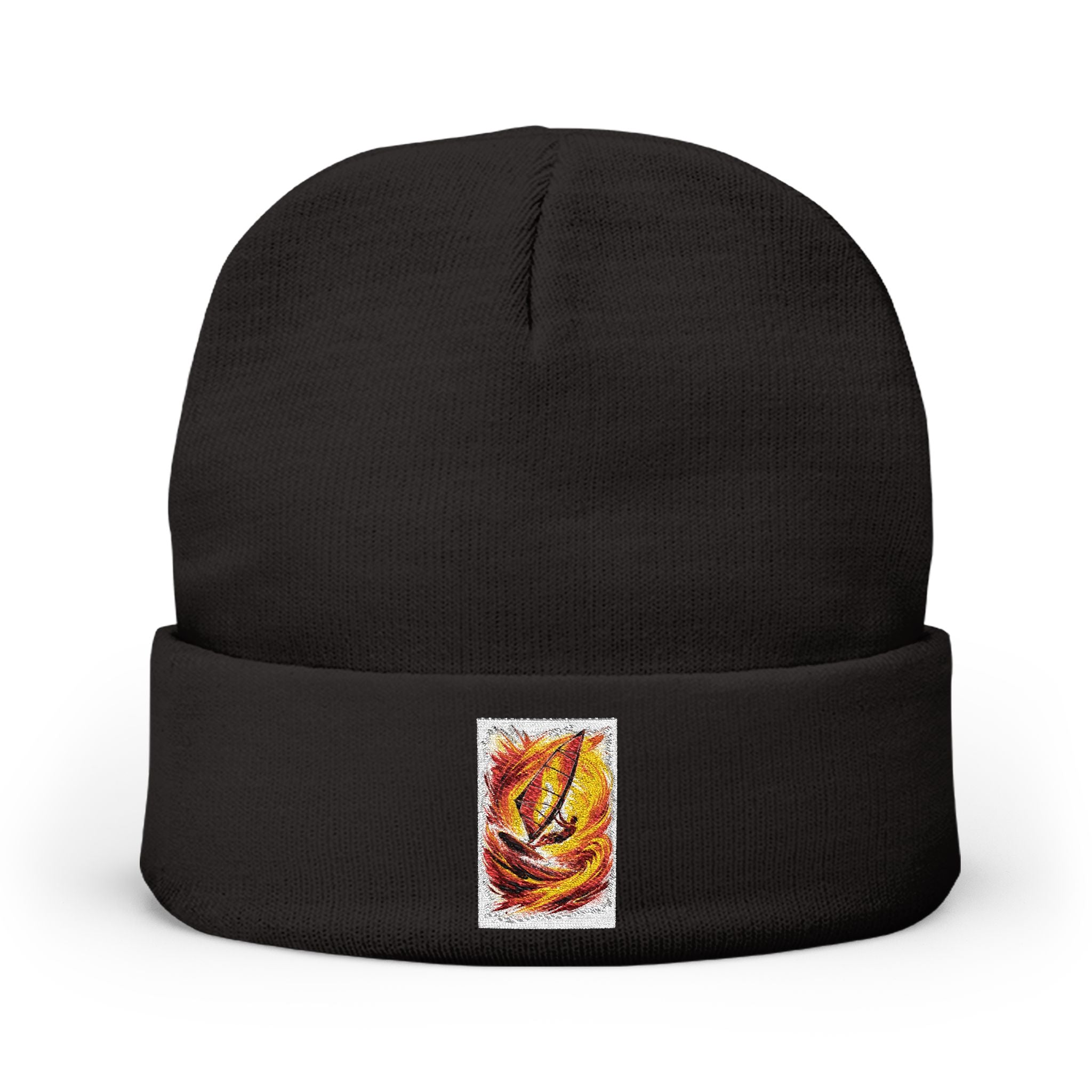 Embroidered Flame Patch Knit Beanie — Cozy Fire-Inspired Winter Hat