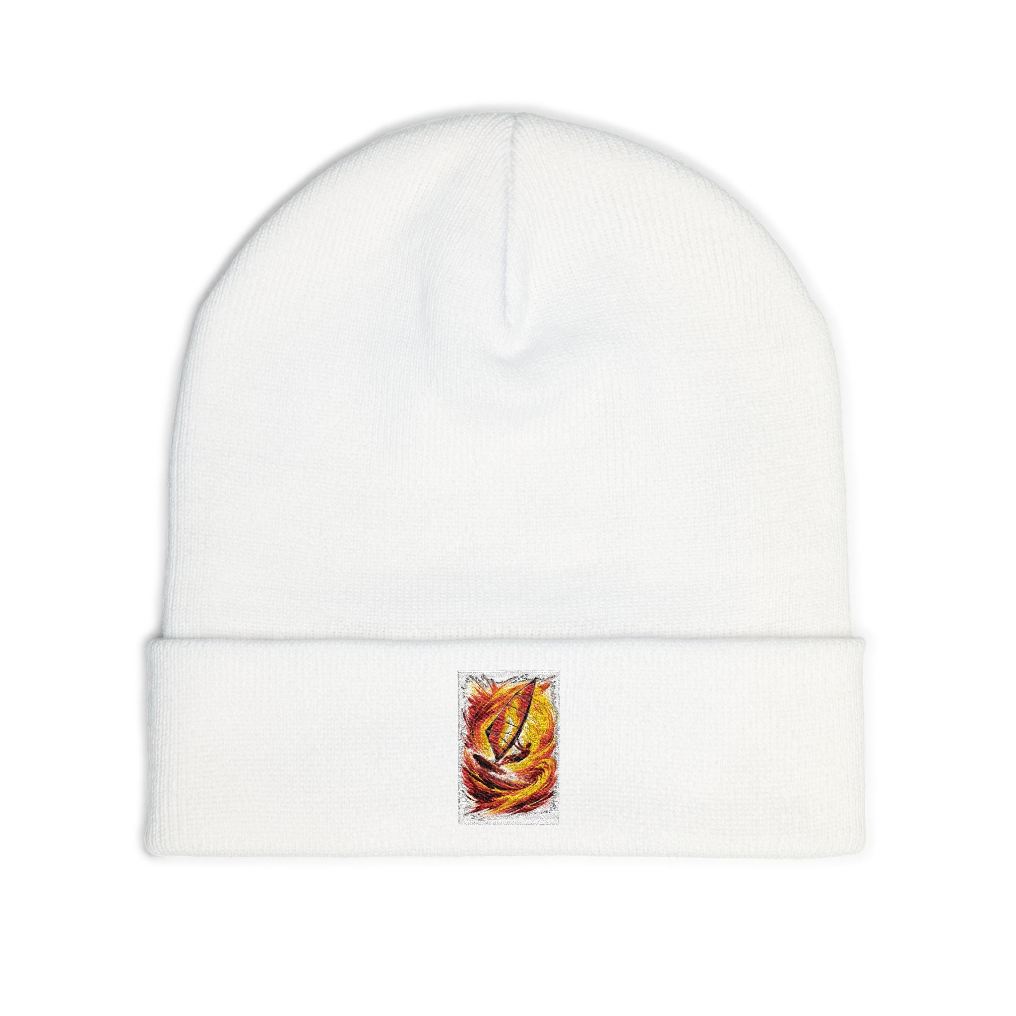 Embroidered Flame Patch Knit Beanie — Cozy Fire-Inspired Winter Hat