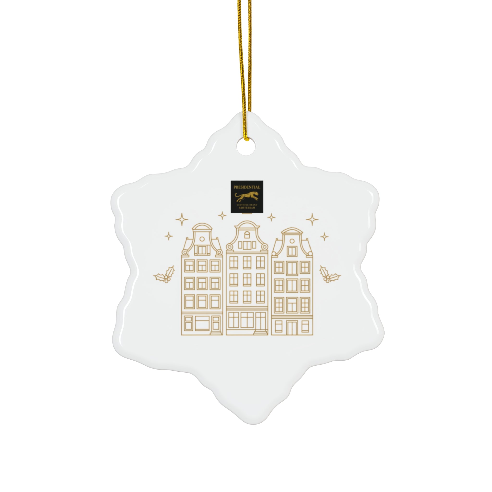 Gold Holiday House Ceramic Ornament — Round Christmas Tree Decoration