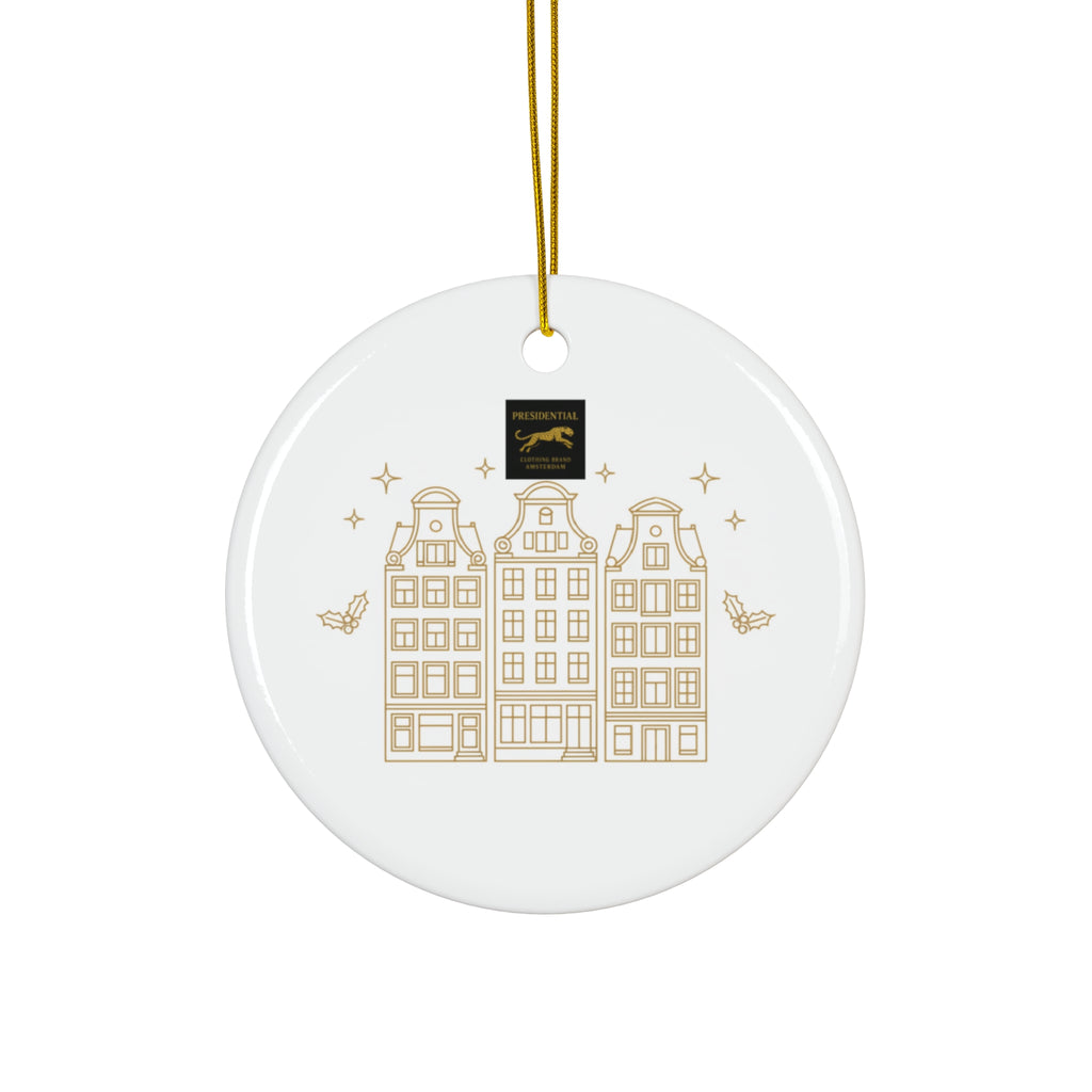 Gold Holiday House Ceramic Ornament — Round Christmas Tree Decoration