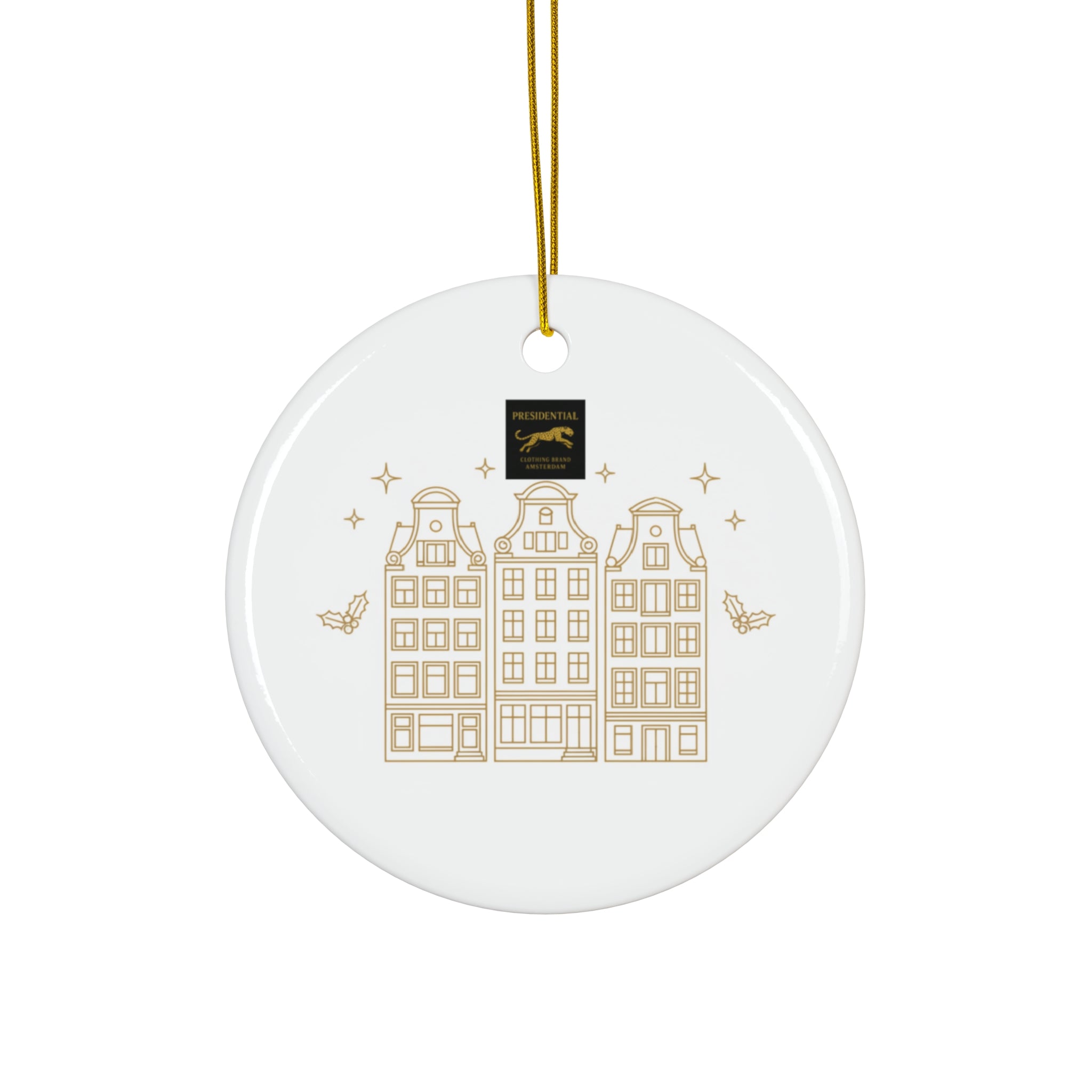 Gold Holiday House Ceramic Ornament — Round Christmas Tree Decoration