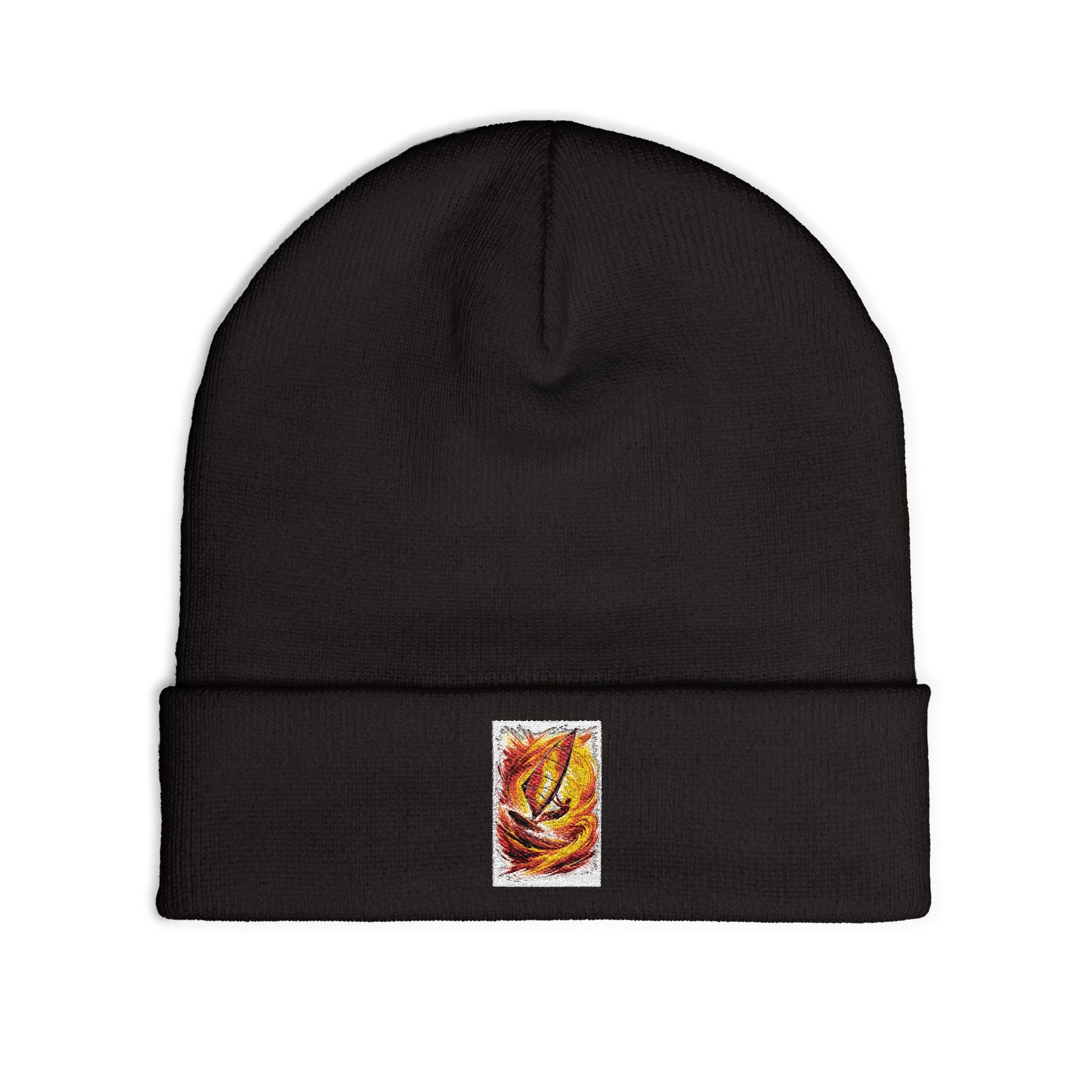 Embroidered Flame Patch Knit Beanie — Cozy Fire-Inspired Winter Hat