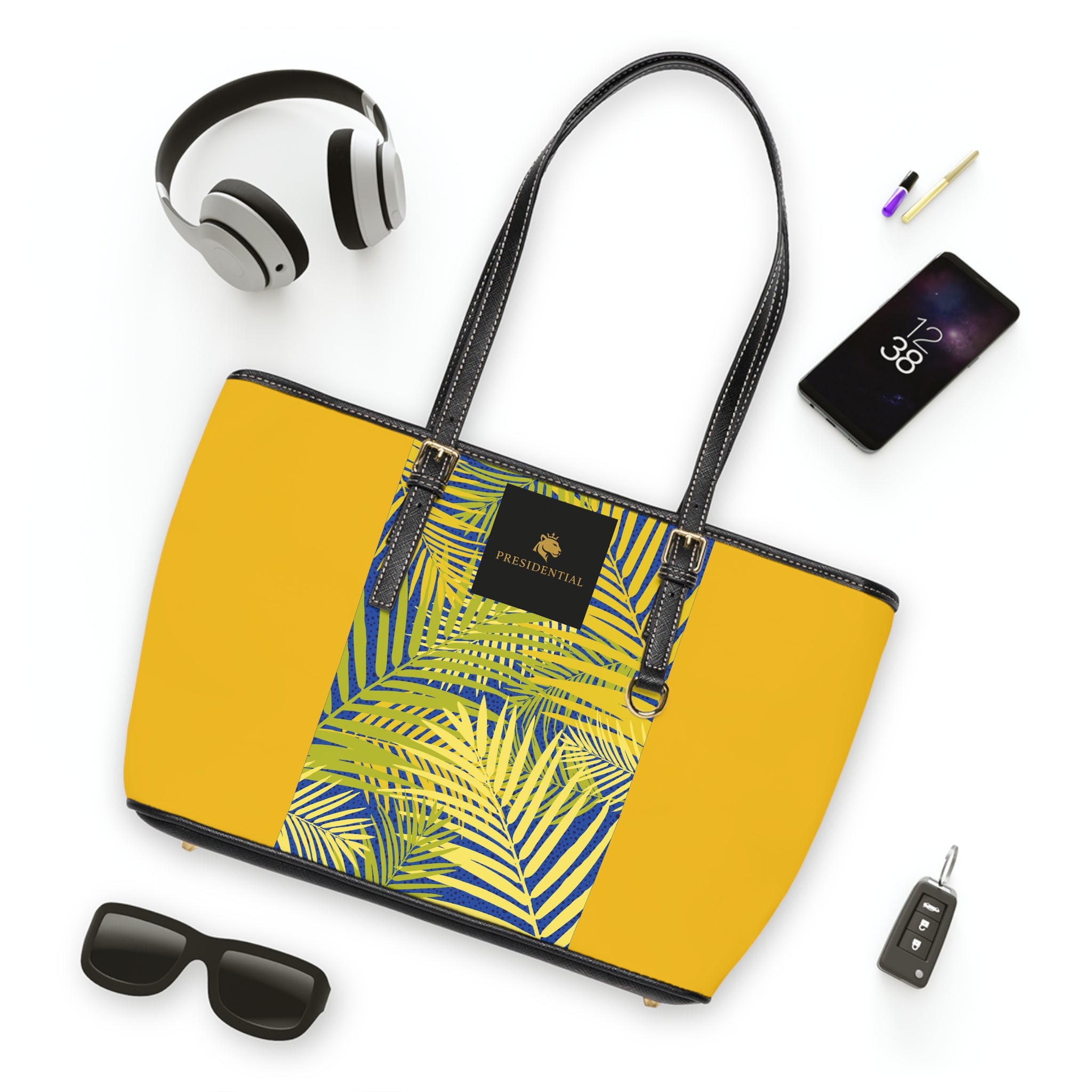Tropical Palm Print PU Leather Shoulder Bag – Yellow Tote with Leaf Accent