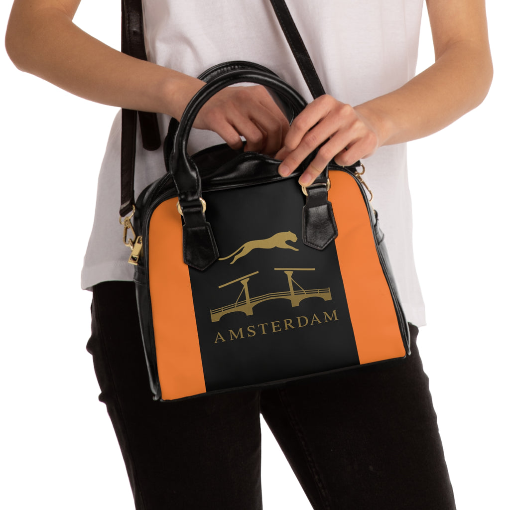 Amsterdam Bridge Tote Handbag — Orange & Black Cityscape Design
