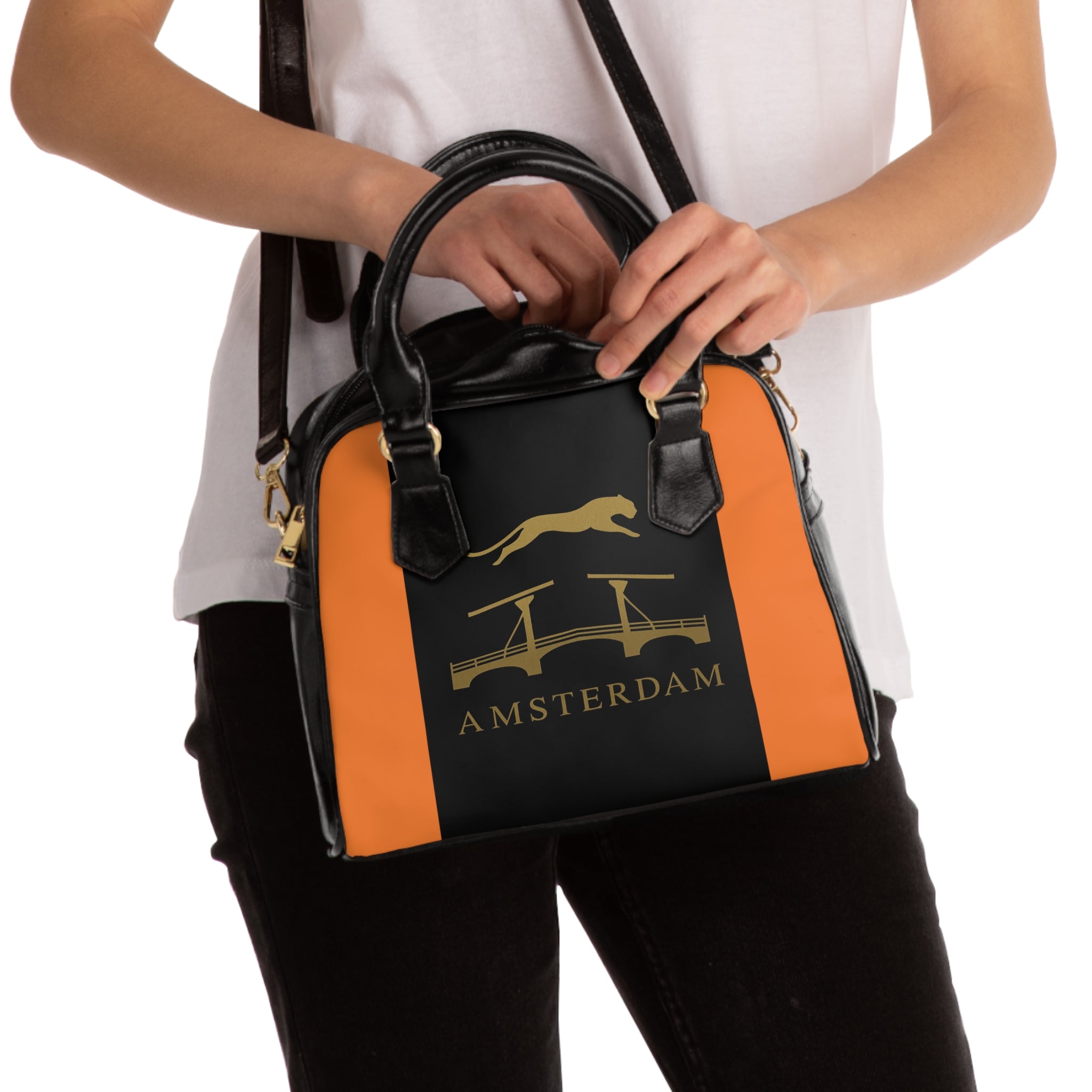 Amsterdam Bridge Tote Handbag — Orange & Black Cityscape Design