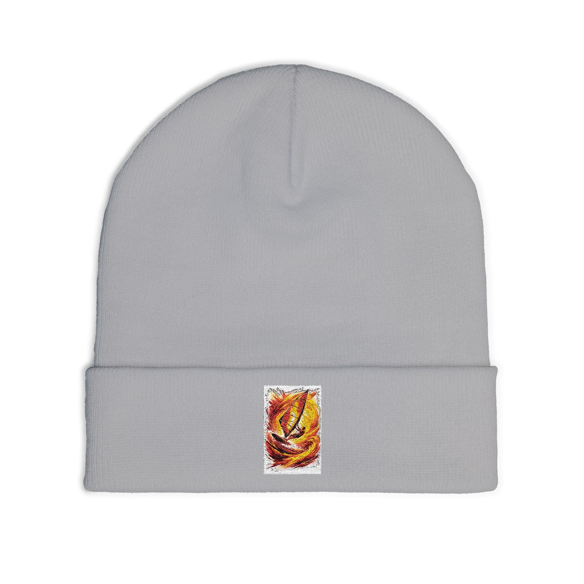 Embroidered Flame Patch Knit Beanie — Cozy Fire-Inspired Winter Hat