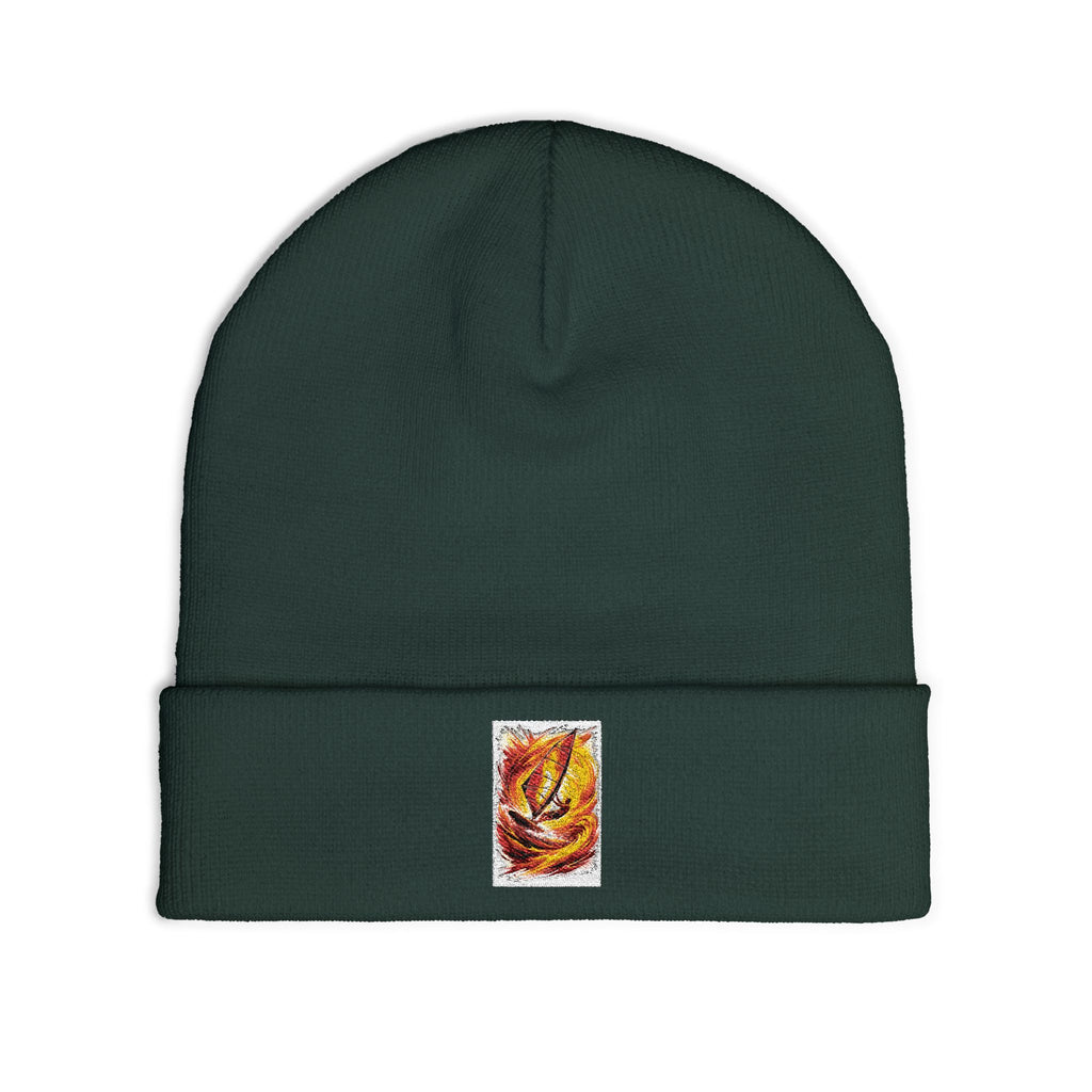 Embroidered Flame Patch Knit Beanie — Cozy Fire-Inspired Winter Hat
